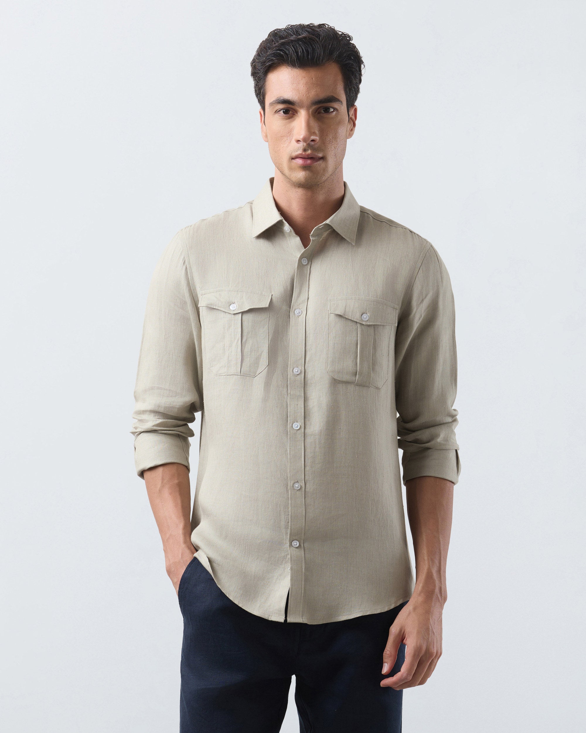 KANSO Beige Linen Shirt, long sleeve, front #Sleeve_Long