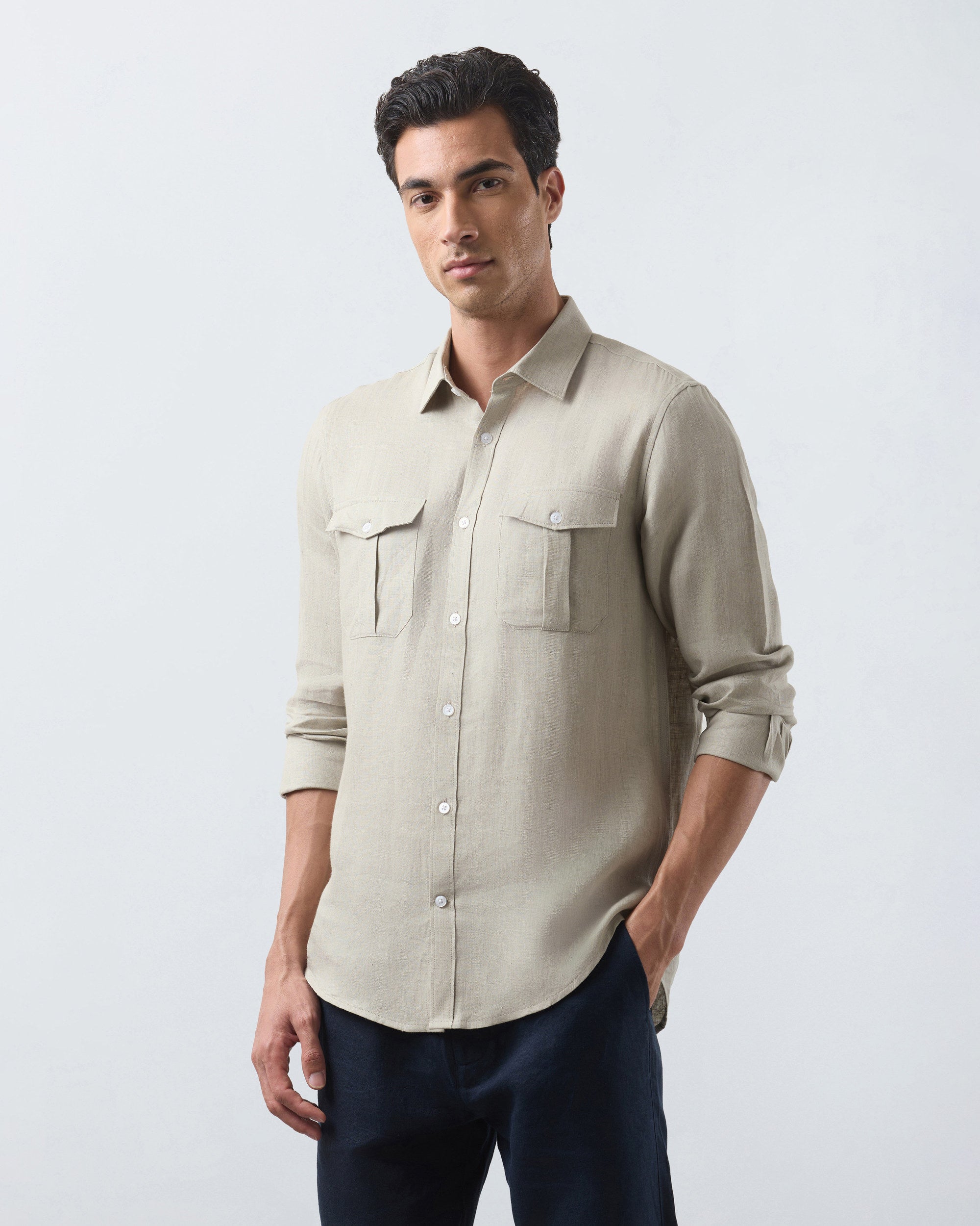 KANSO Beige Linen Shirt, long sleeve, hand in pocket #Sleeve_Long