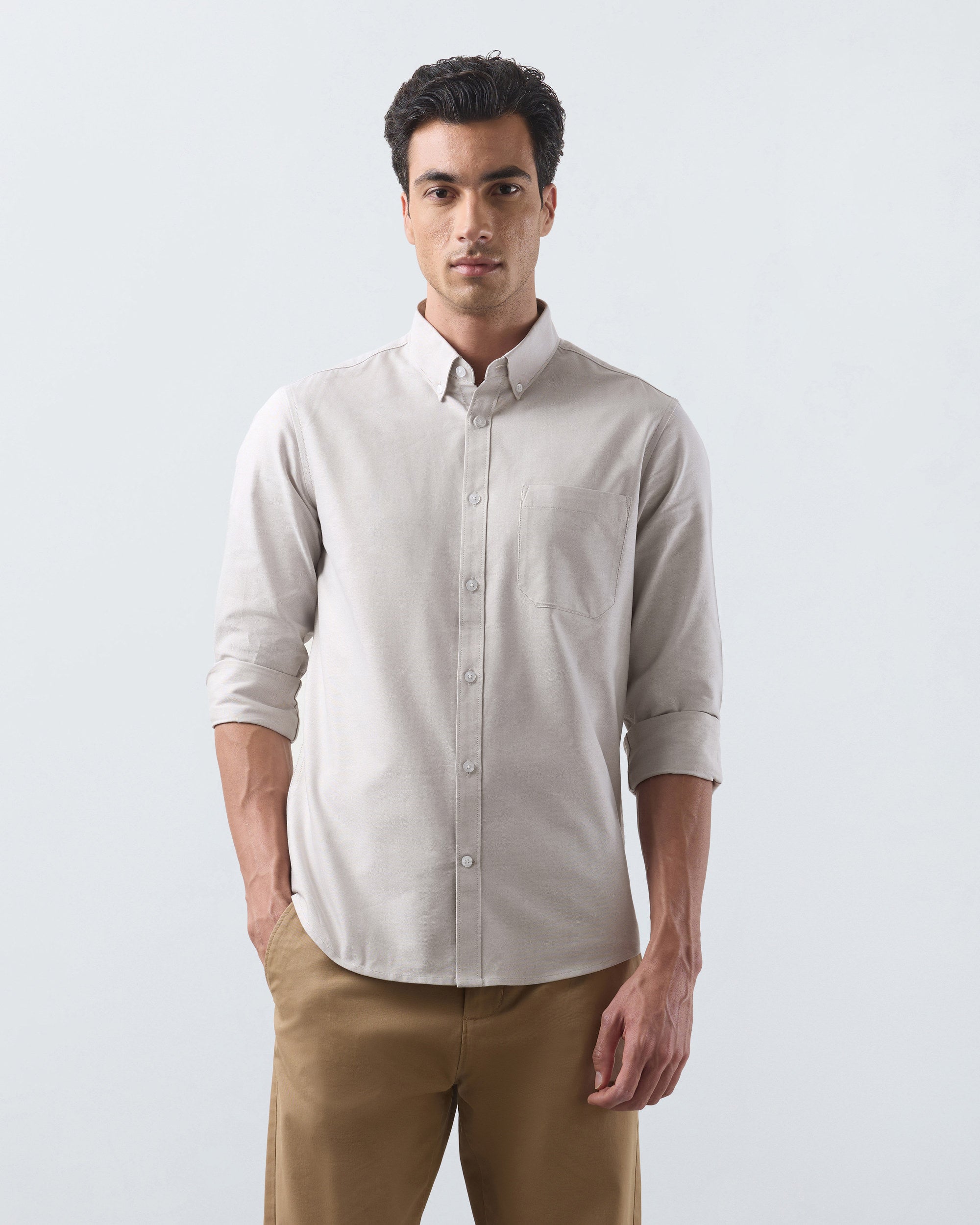 KANSO Beige Oxford Shirt, long sleeve, front #Sleeve_Long