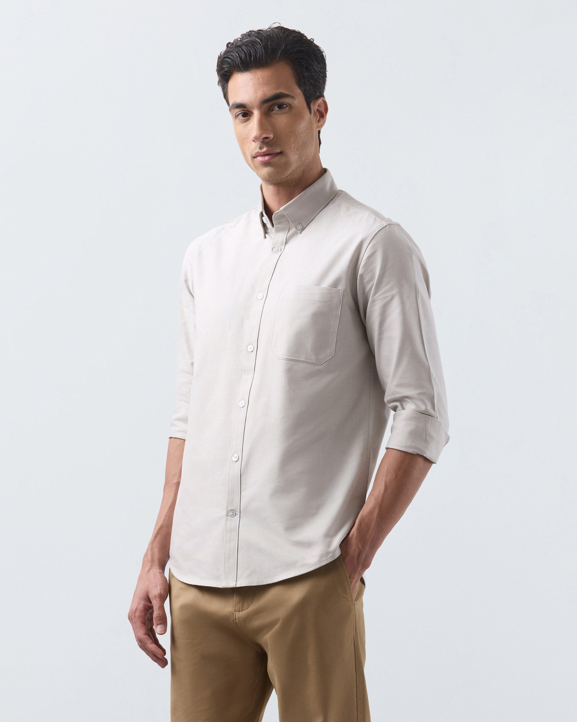 KANSO Beige Oxford Shirt, long sleeve, hand in pocket #Sleeve_Long