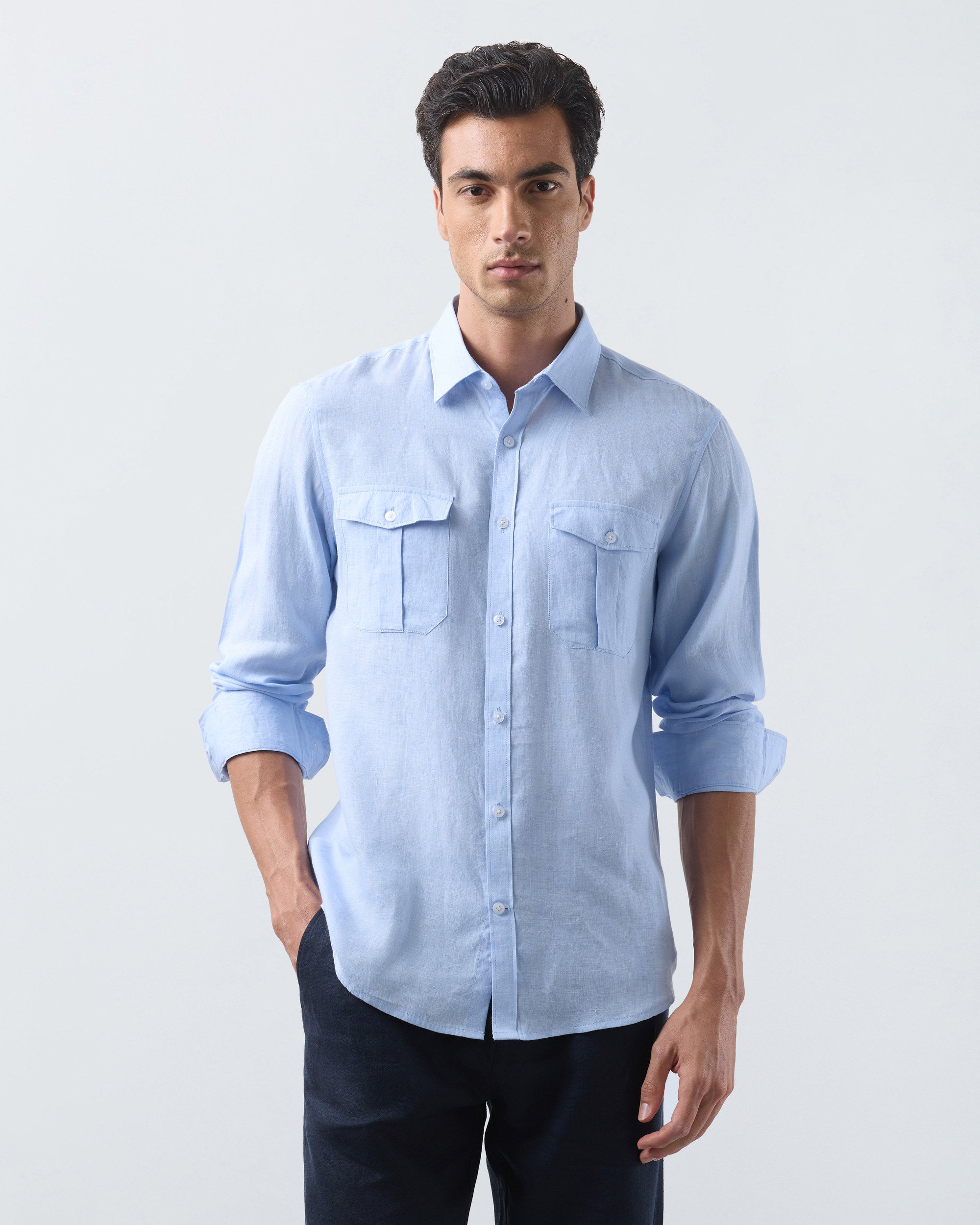 KANSO Blue Linen Shirt, long sleeve, front #Sleeve_Long