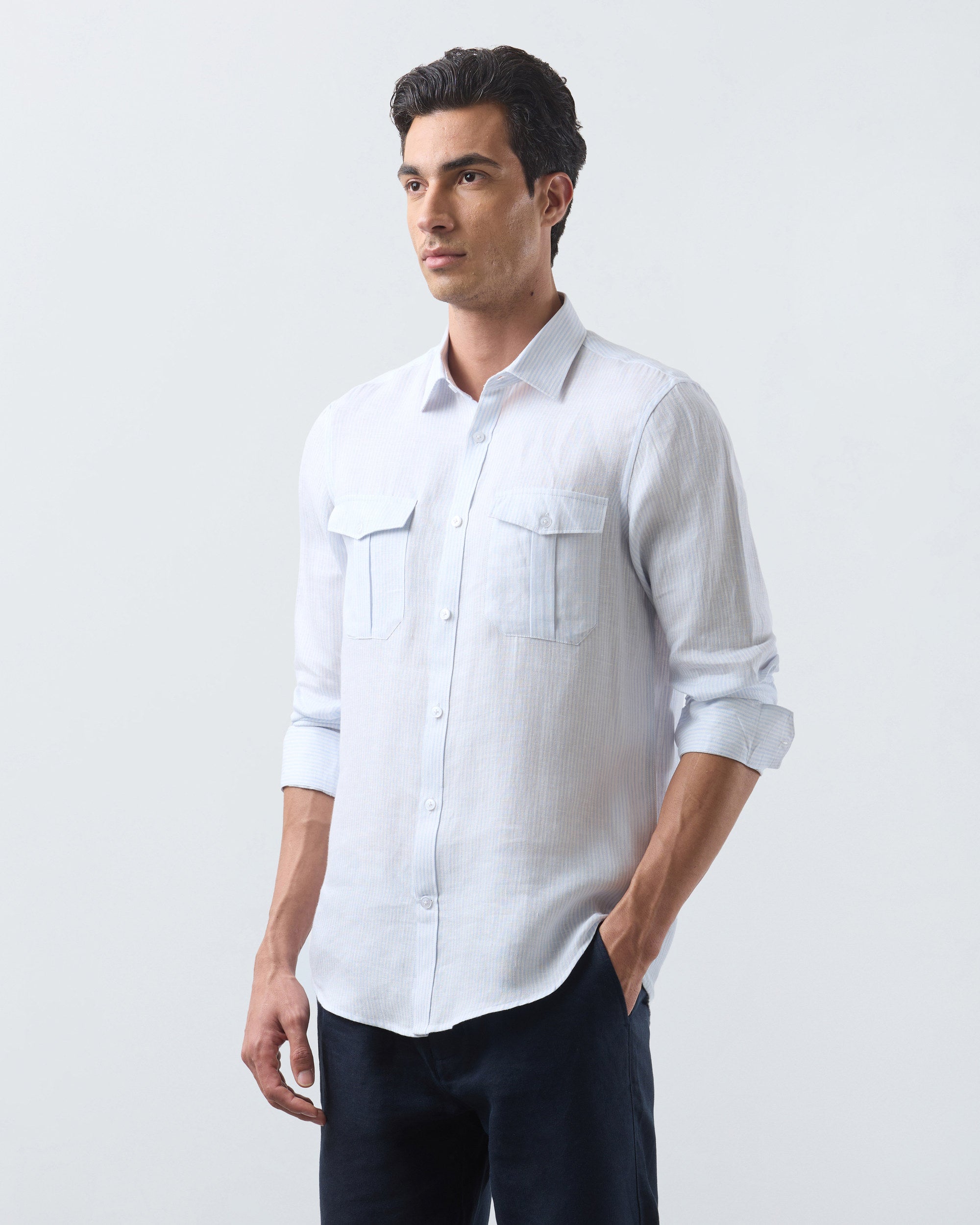 KANSO Blue Stripe Linen Shirt, long sleeve, hand in pocket #Sleeve_Long