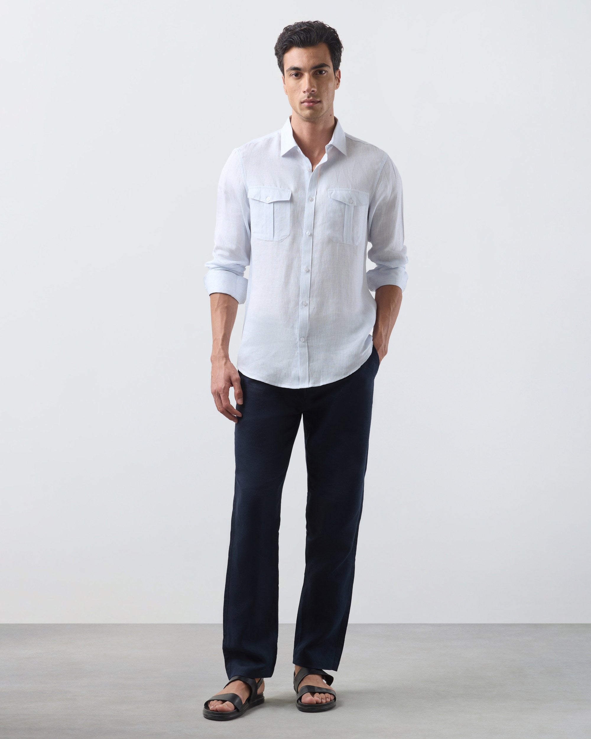 KANSO Blue Stripe Linen Shirt, long sleeve, full length #Sleeve_Long