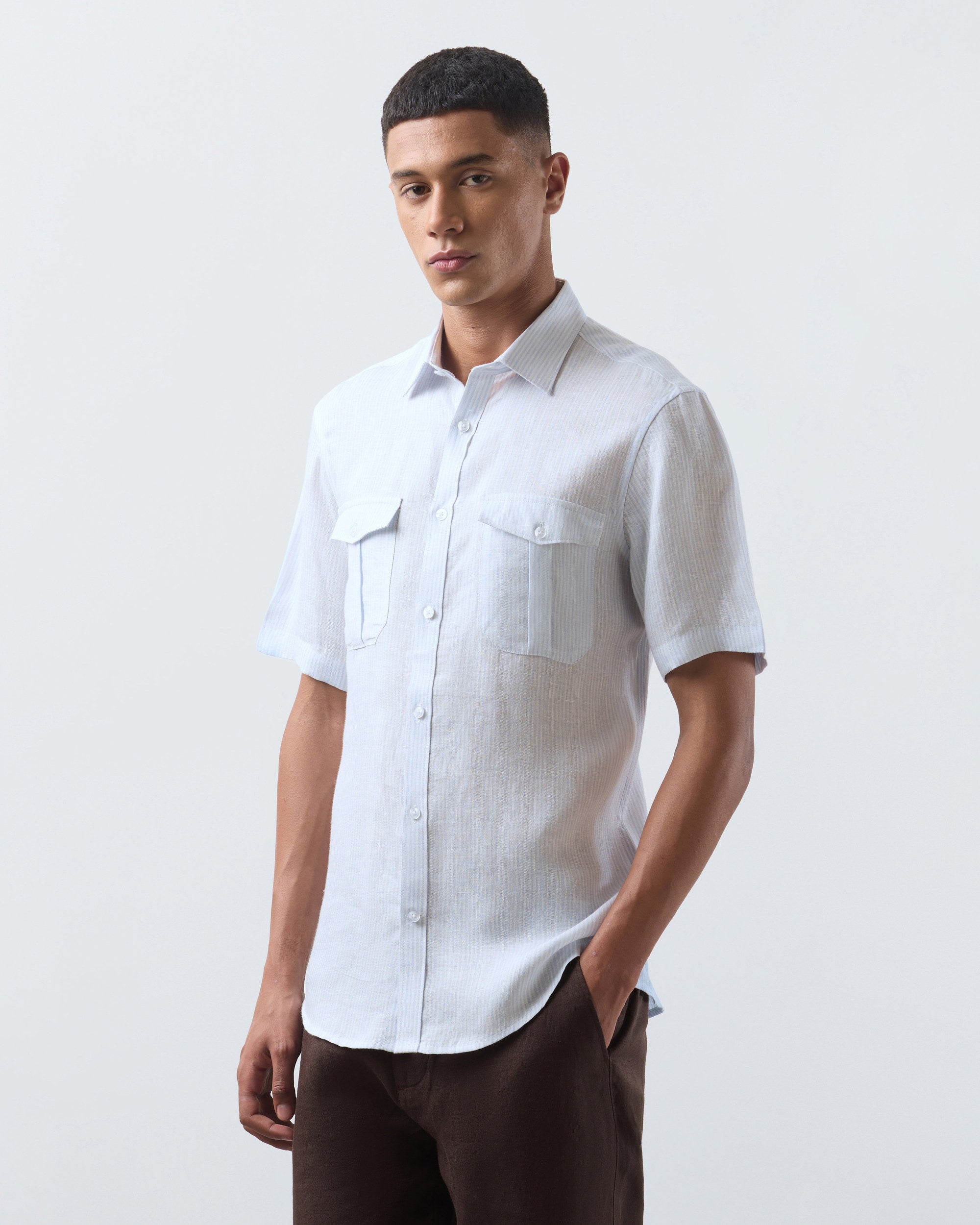 KANSO Blue Stripe Linen Shirt, short sleeve, hand in pocket #Sleeve_Short