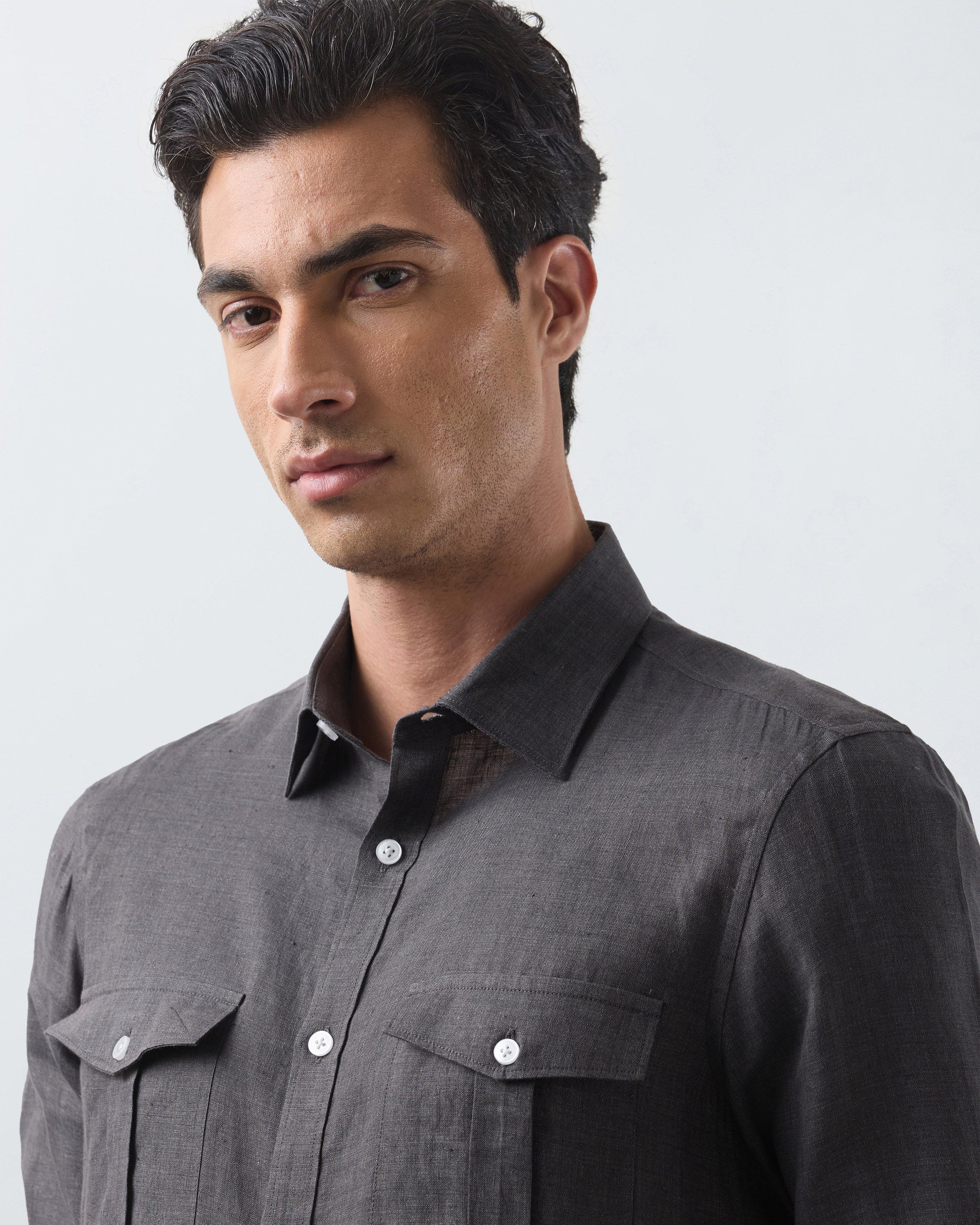 KANSO Dark Grey Linen Shirt, long sleeve, collar detail #Sleeve_Long