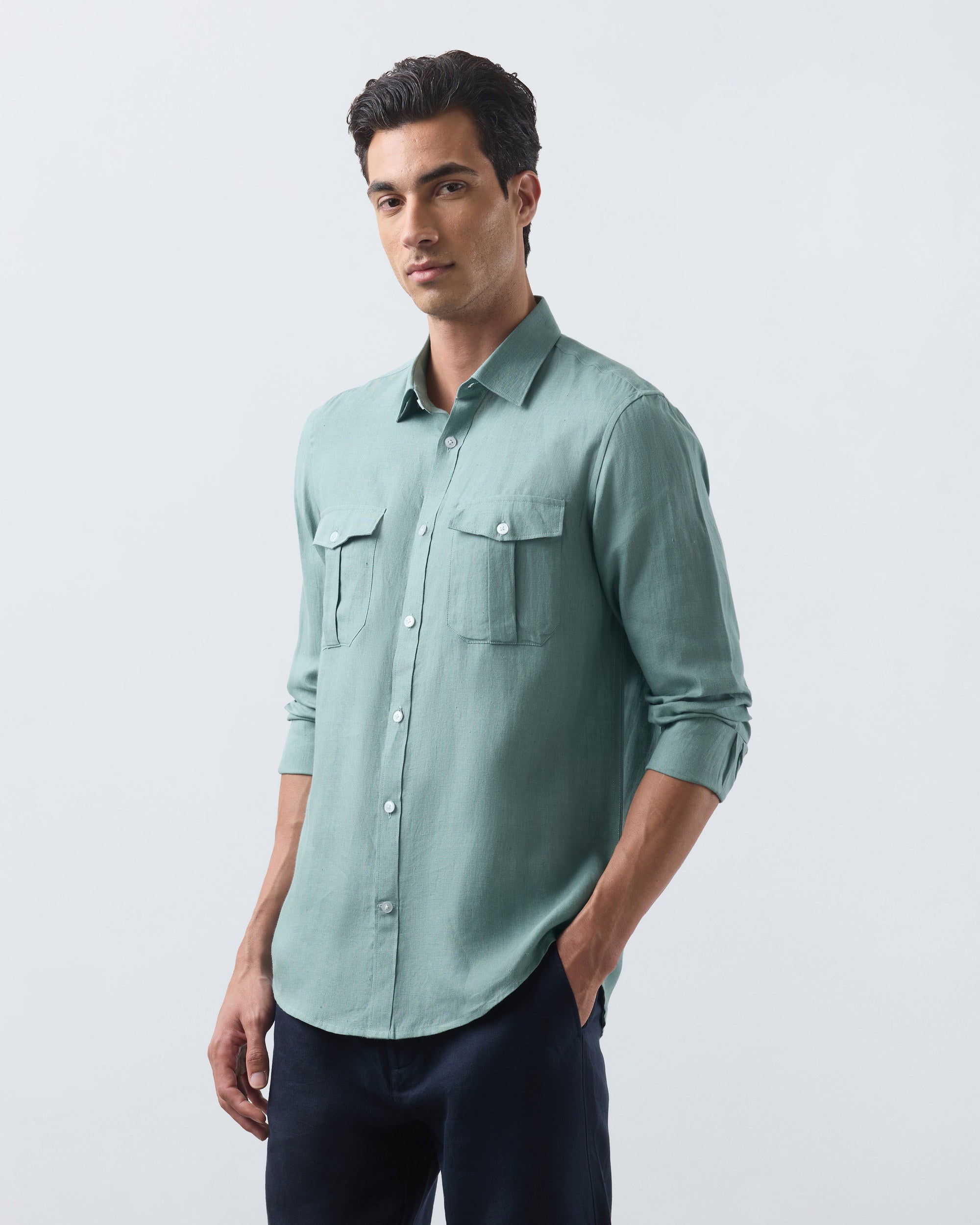 KANSO Green Linen Shirt, long sleeve, hand in pocket #Sleeve_Long