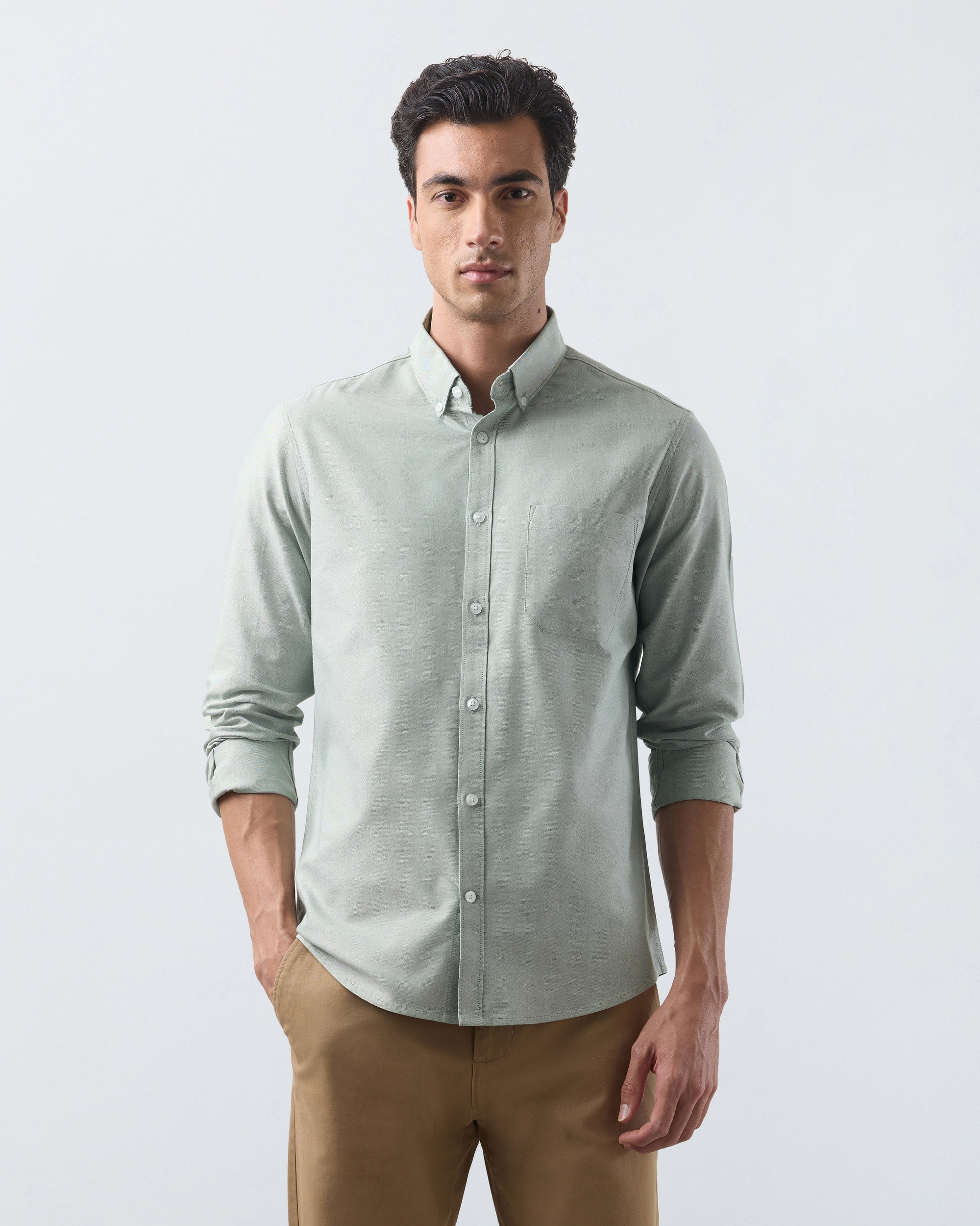 KANSO Green Oxford Shirt, long sleeve, front #Sleeve_Long