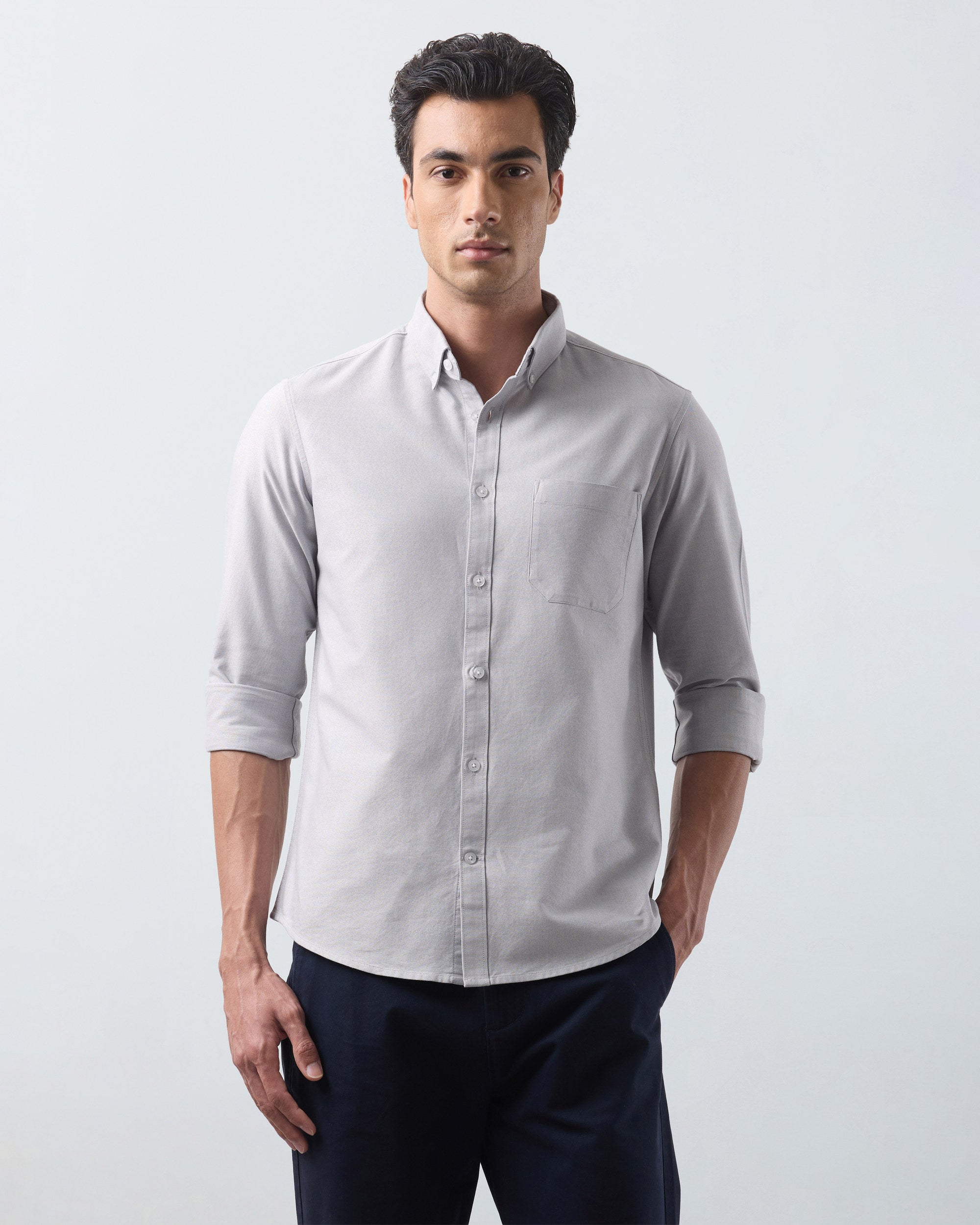 KANSO Grey Oxford Shirt, long sleeve, front #Sleeve_Long