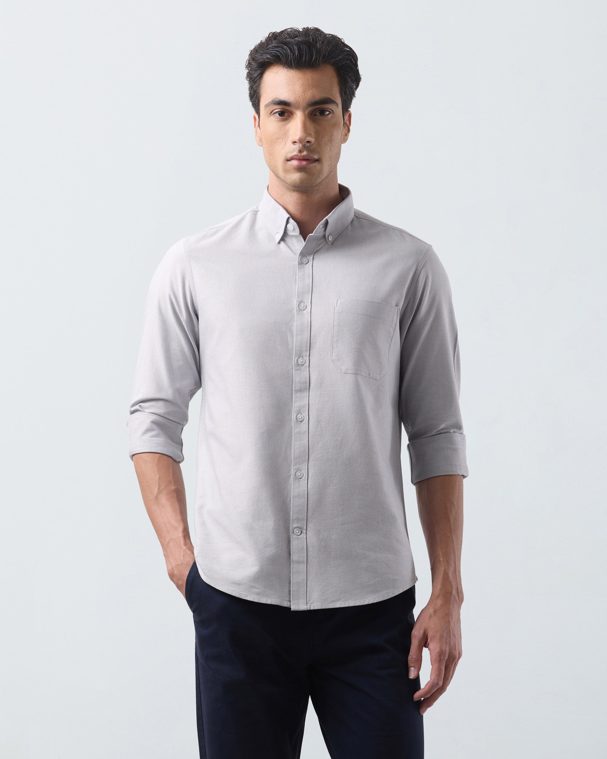 KANSO Grey Oxford Shirt, long sleeve, hand in pocket #Sleeve_Long