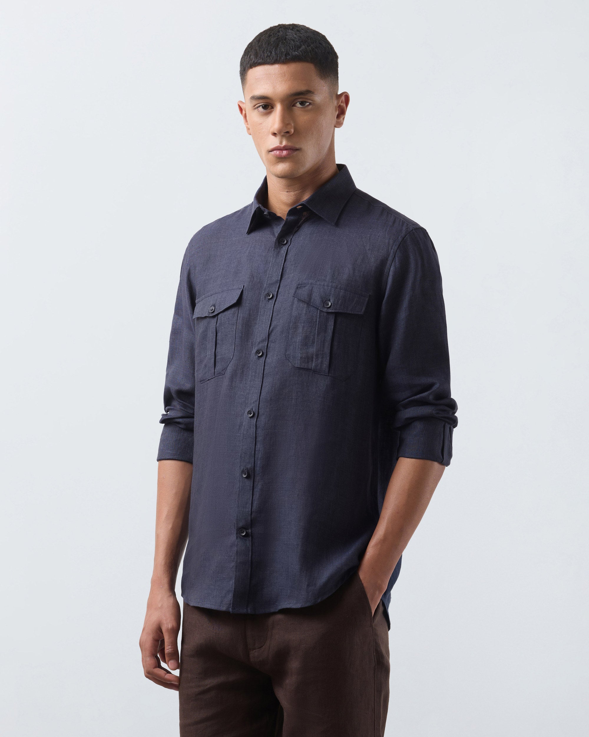 KANSO Navy Blue Linen Shirt, long sleeve, front #Sleeve_Long