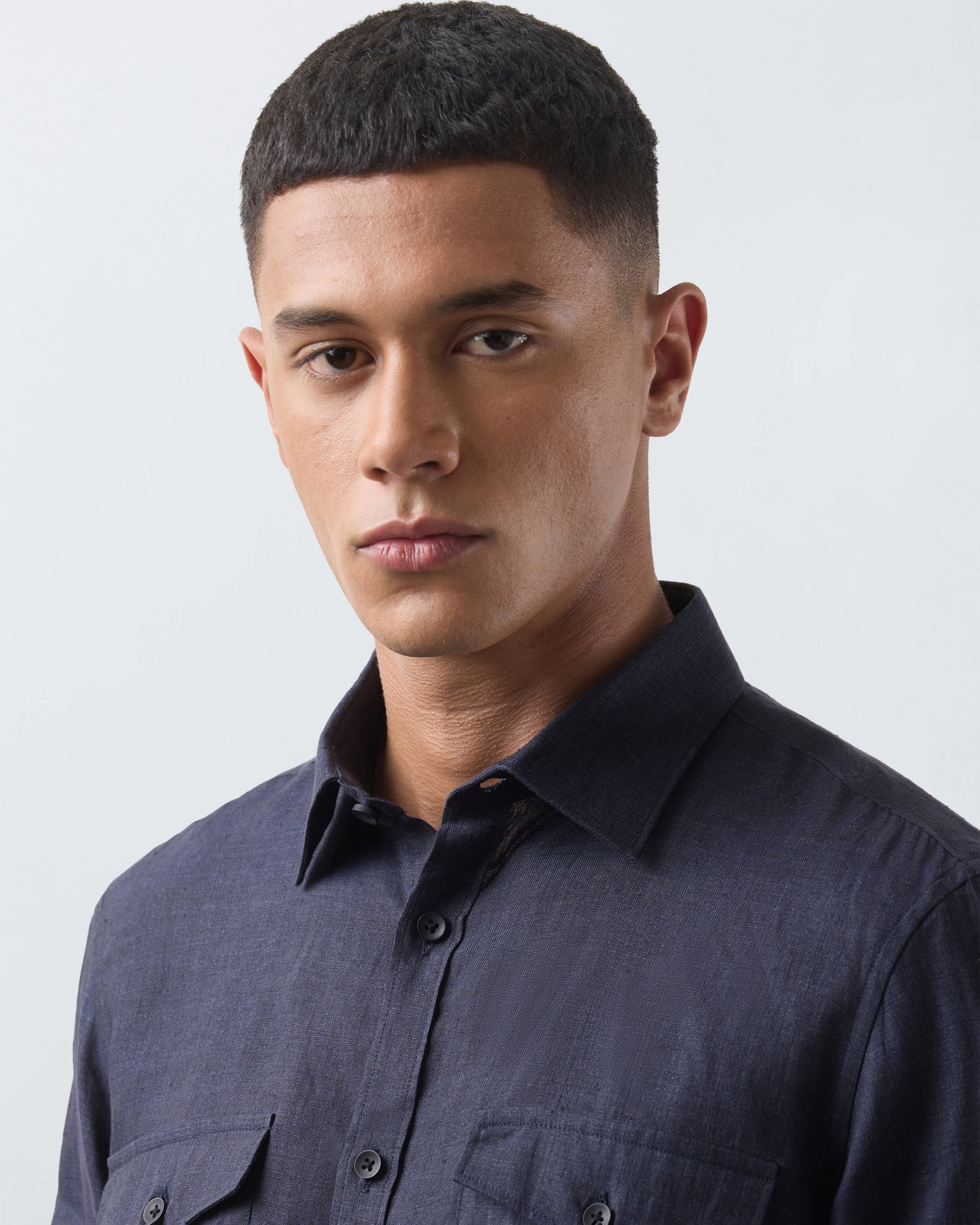 KANSO Navy Blue Linen Shirt, long sleeve, collar detail #Sleeve_Long