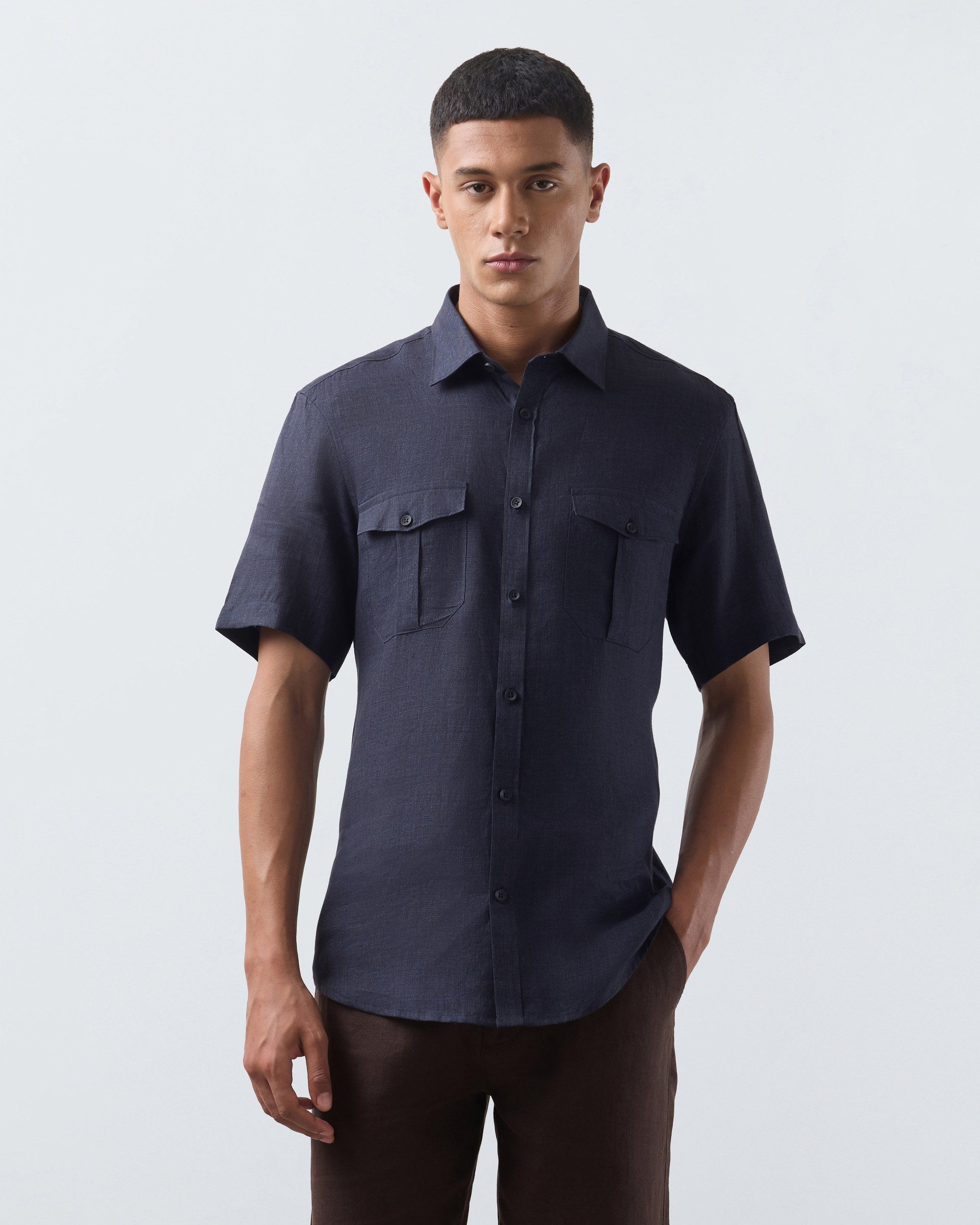 KANSO Navy Blue Linen Shirt, short sleeve, front #Sleeve_Short