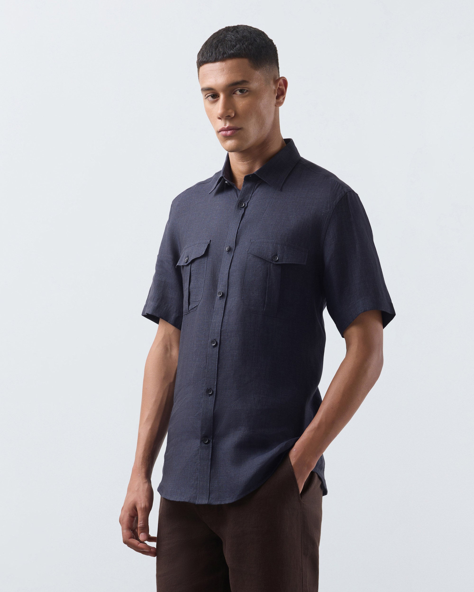 KANSO Navy Blue Linen Shirt, short sleeve, hand in pocket #Sleeve_Short