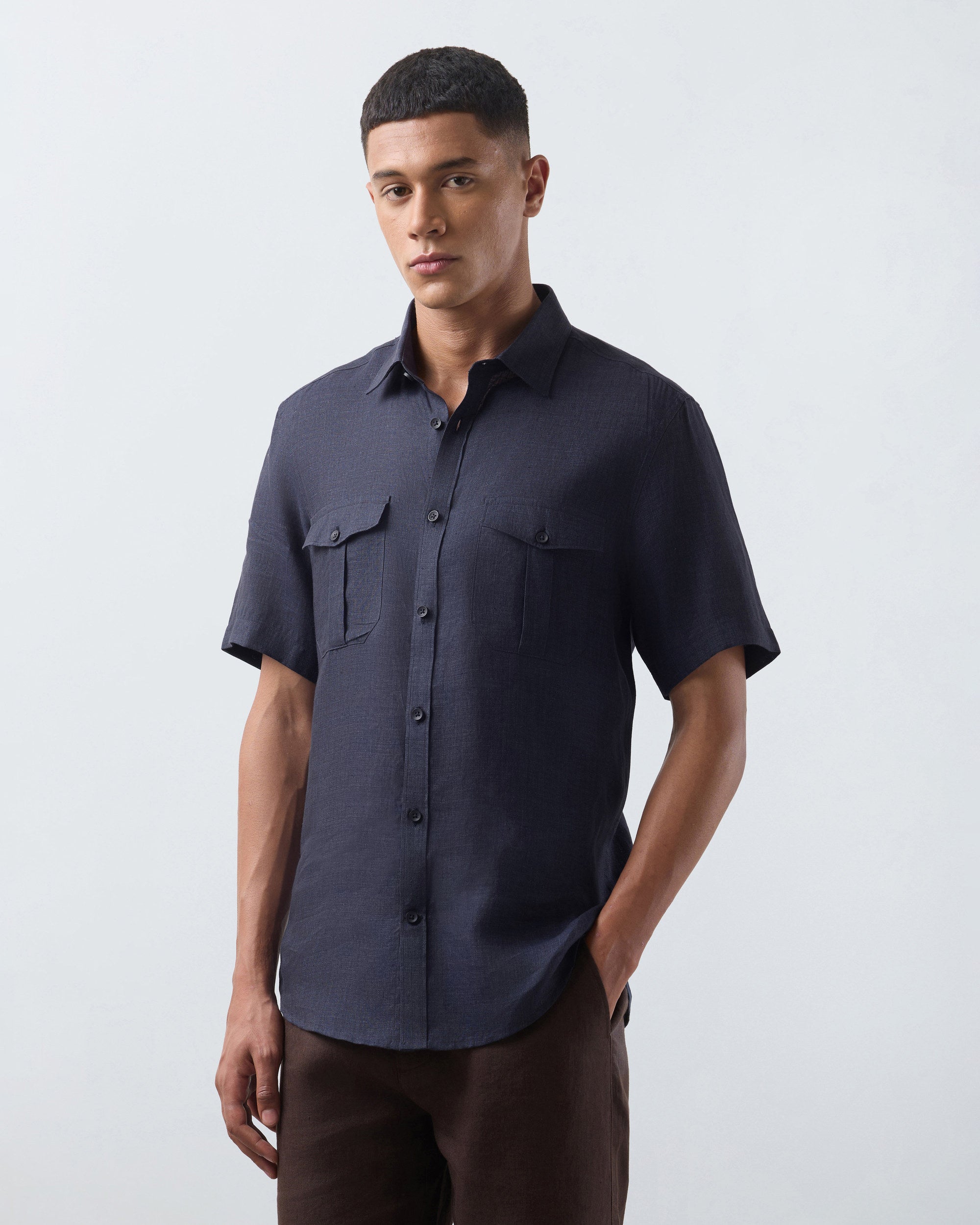 KANSO Navy Blue Linen Shirt, short sleeve, three quarter view #Sleeve_Short