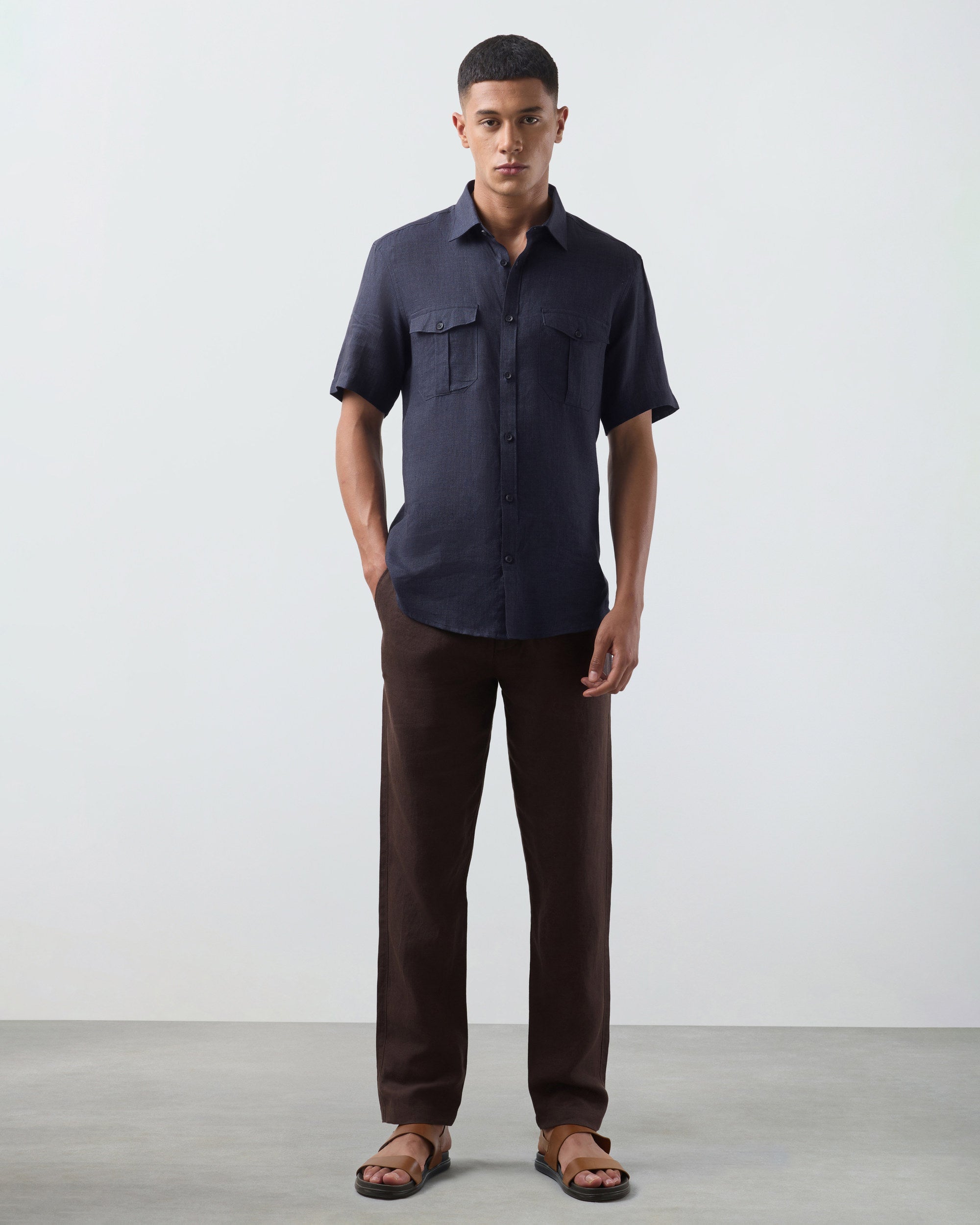 KANSO Navy Blue Linen Shirt, short sleeve, full length #Sleeve_Short