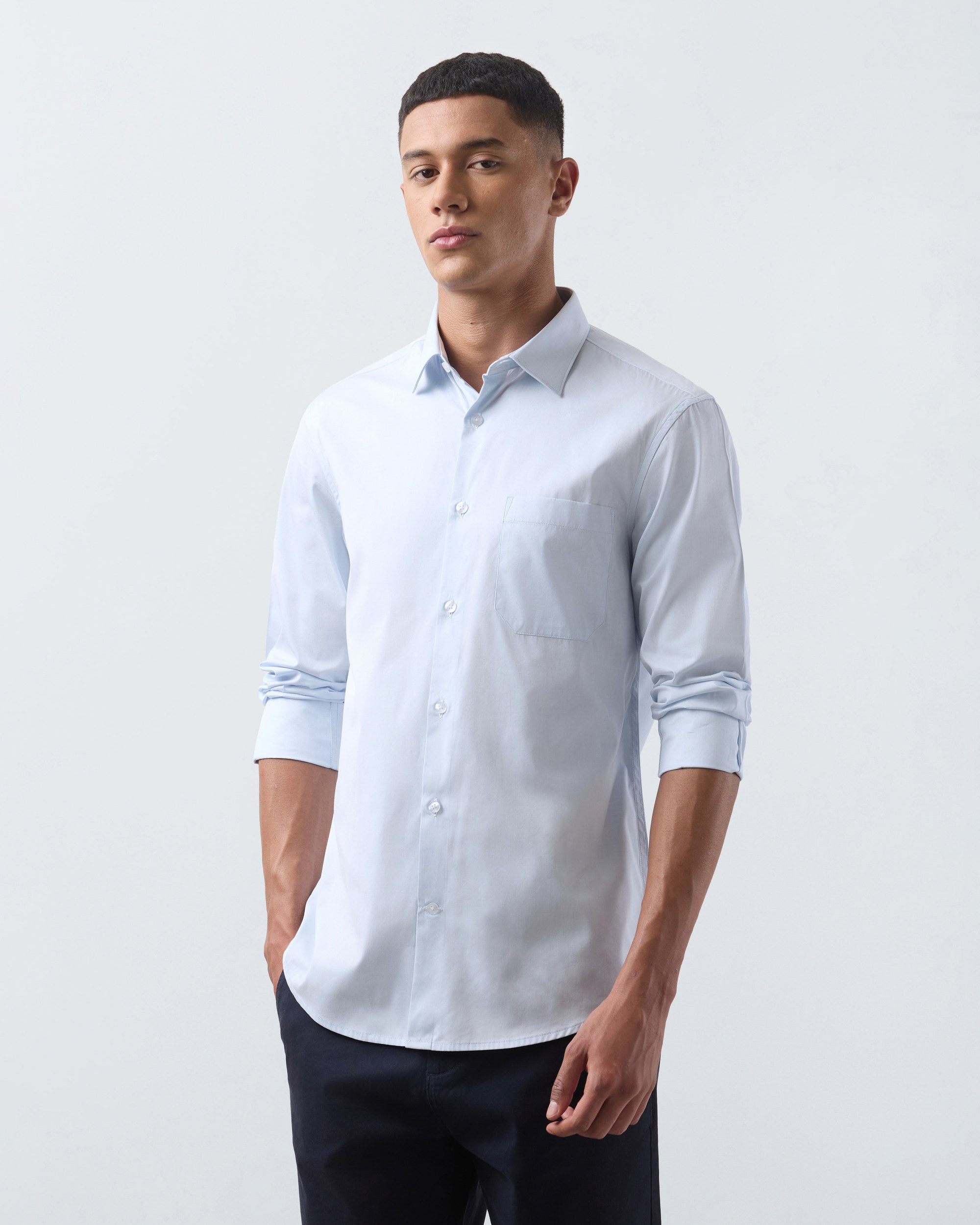 KANSO Sky Blue Dress Shirt, hand in pocket