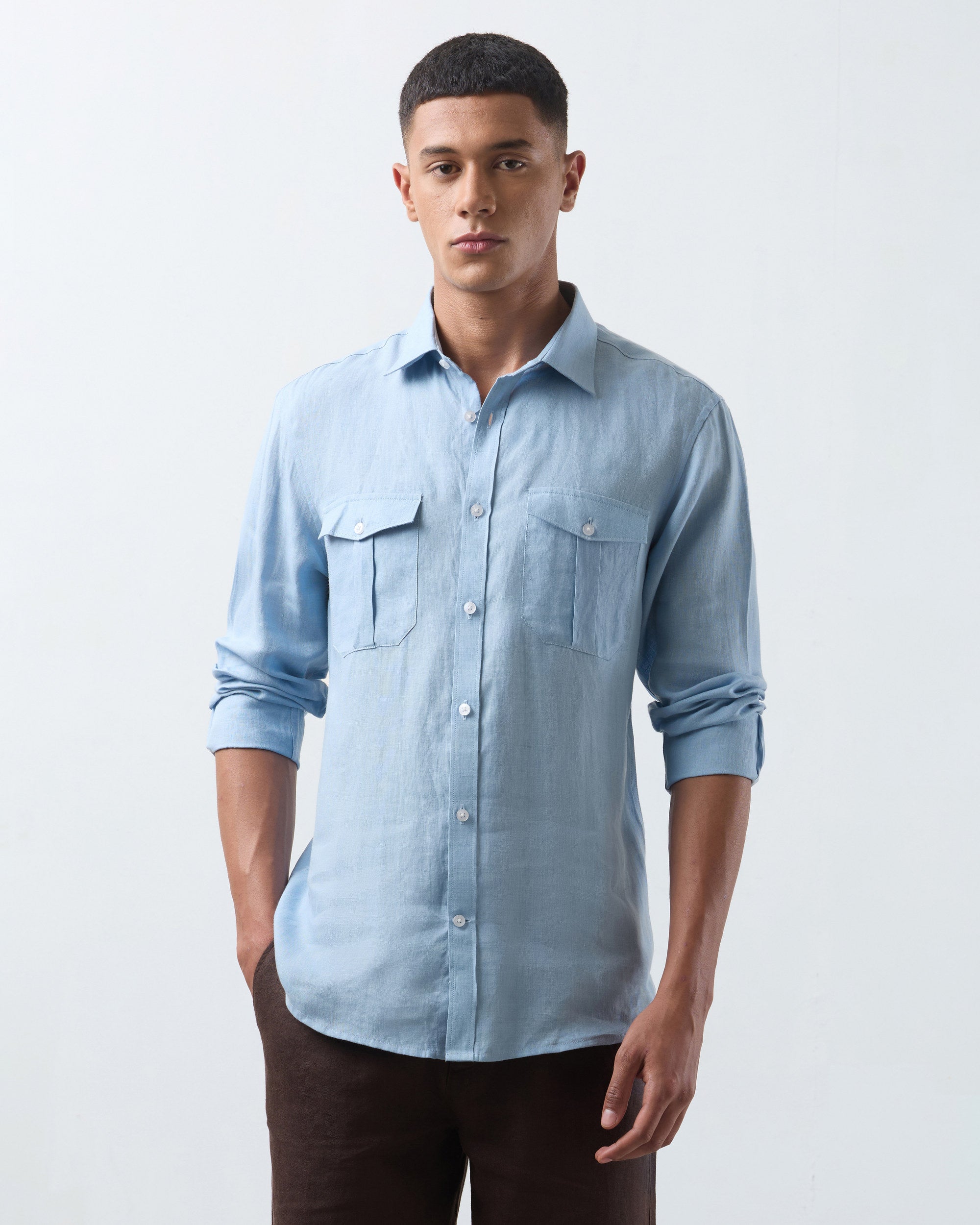 KANSO Sky Blue Linen Shirt, long sleeve, three quarter view #Sleeve_Long