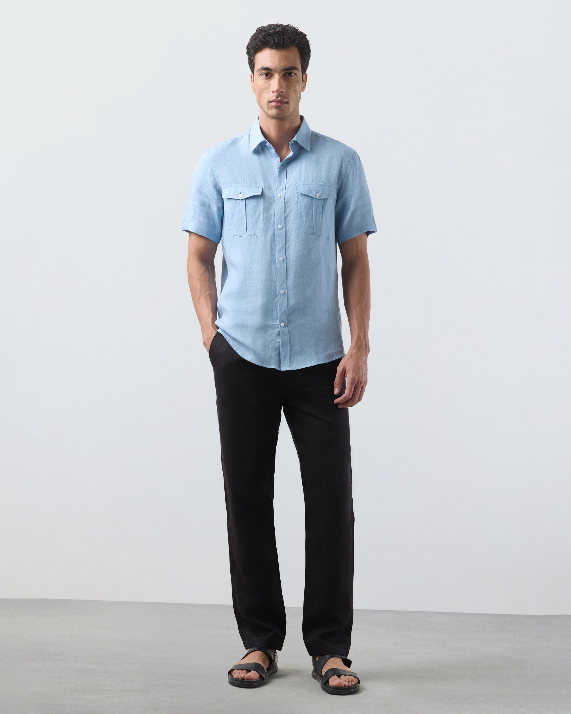 KANSO Sky Blue Linen Shirt, short sleeve, full length #Sleeve_Short