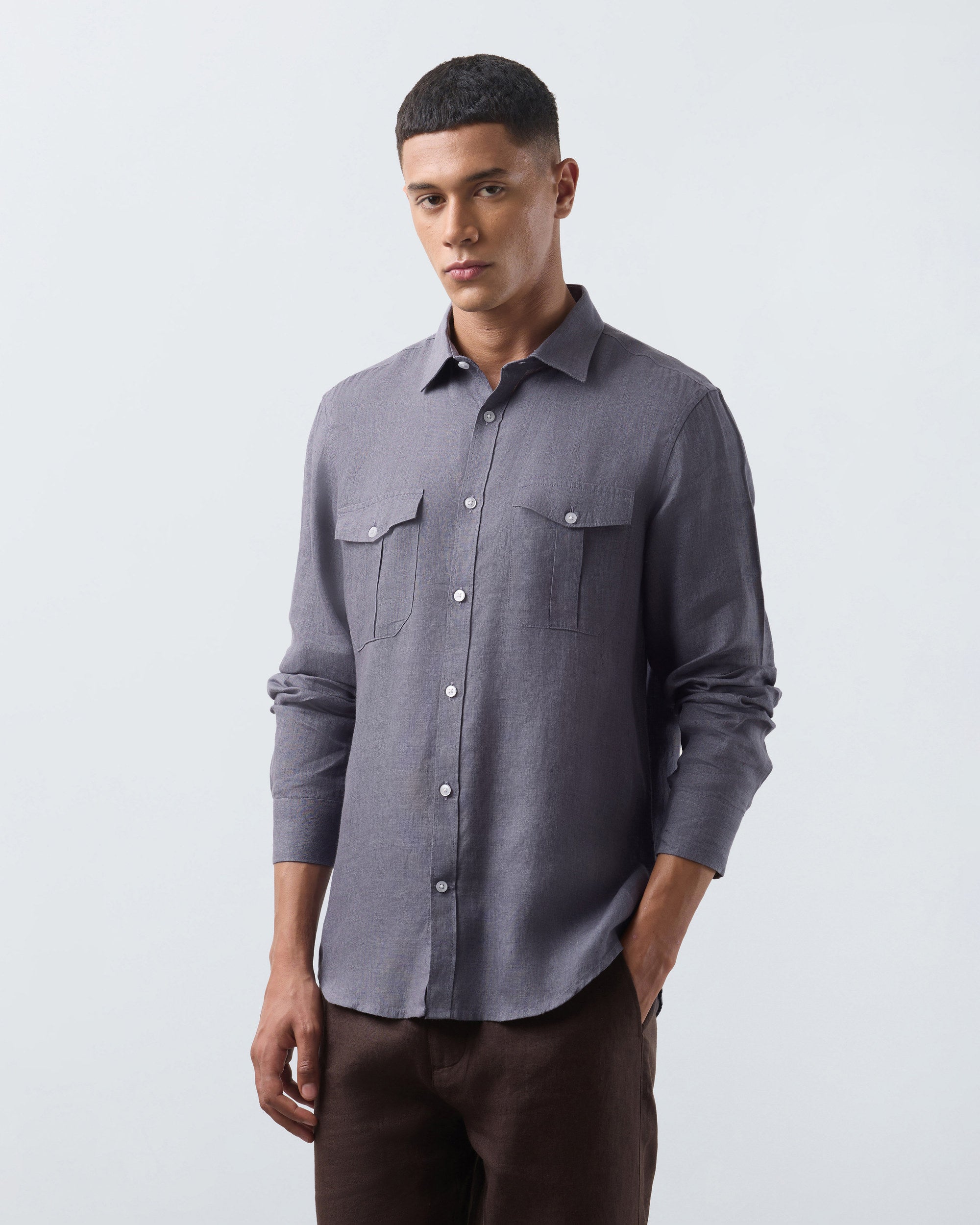 KANSO Slate Linen Shirt, long sleeve, hand in pocket #Sleeve_Long