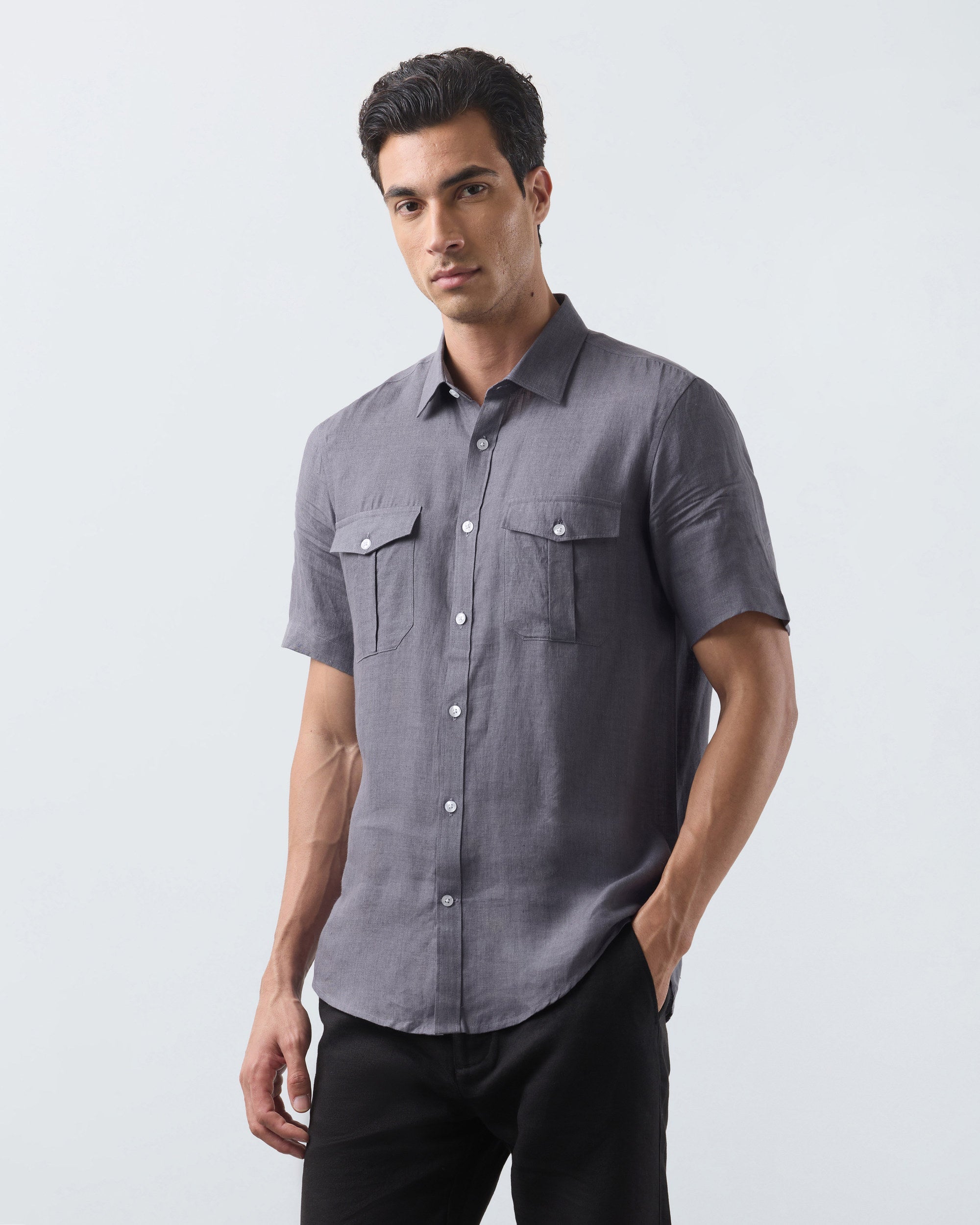 KANSO Slate Linen Shirt, short sleeve, hand in pocket #Sleeve_Short