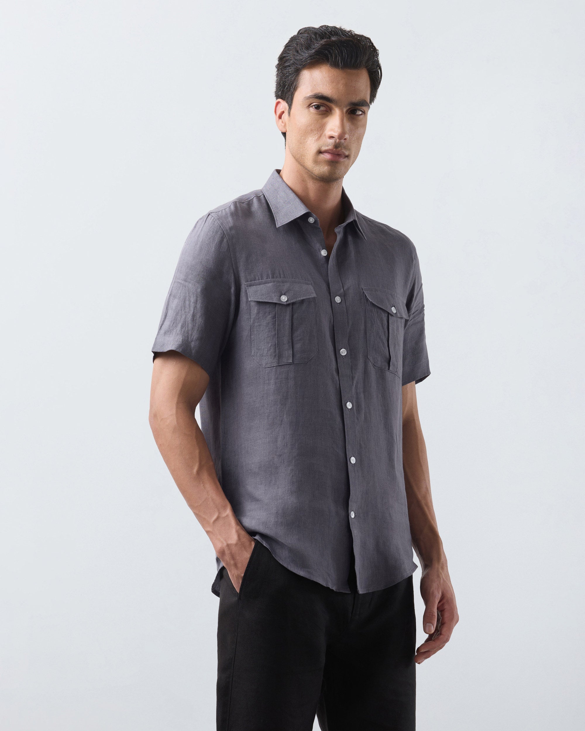 KANSO Slate Linen Shirt, short sleeve, three quarter view #Sleeve_Short