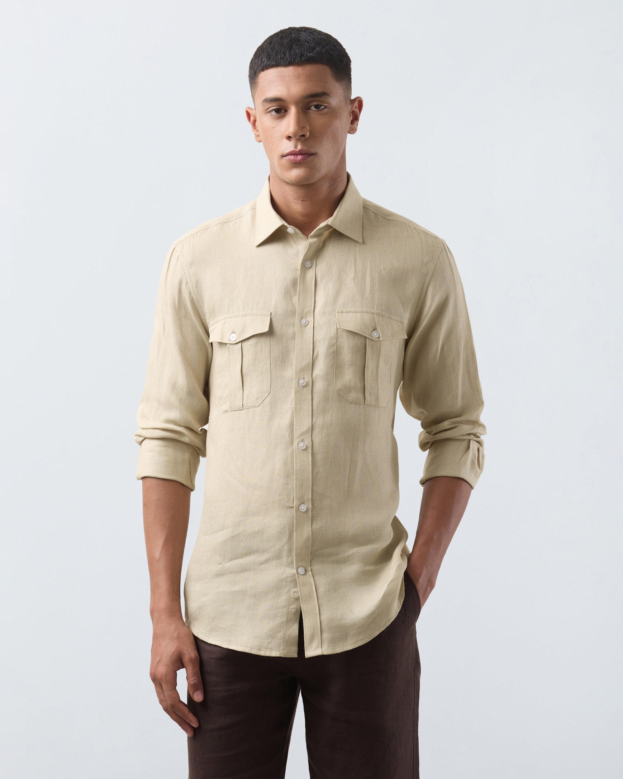 KANSO Tan Linen Shirt, long sleeve, front #Sleeve_Long