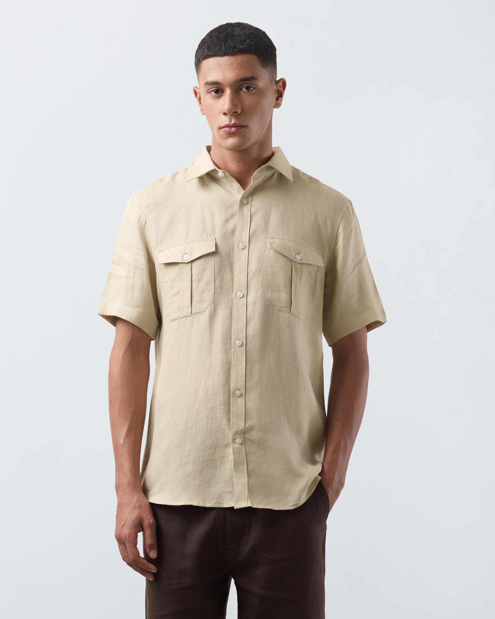 KANSO Tan Linen Shirt, short sleeve, front #Sleeve_Short