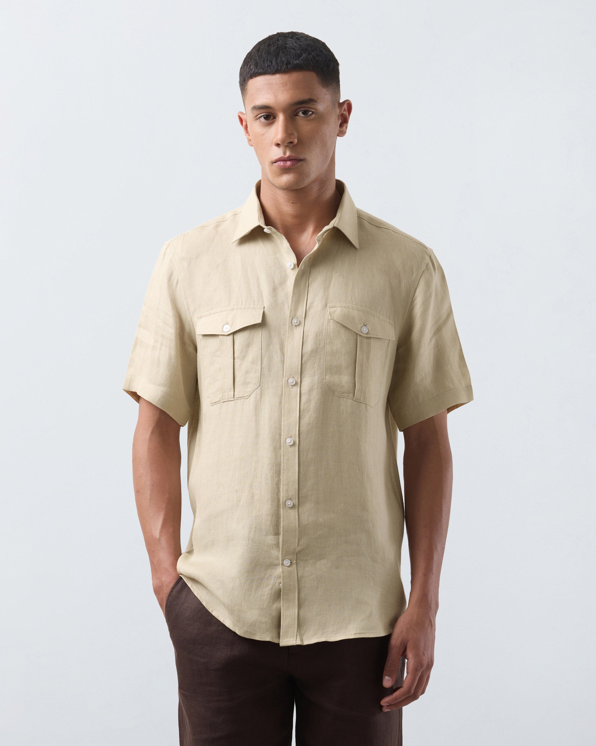 KANSO Tan Linen Shirt, short sleeve, three quarter view #Sleeve_Short