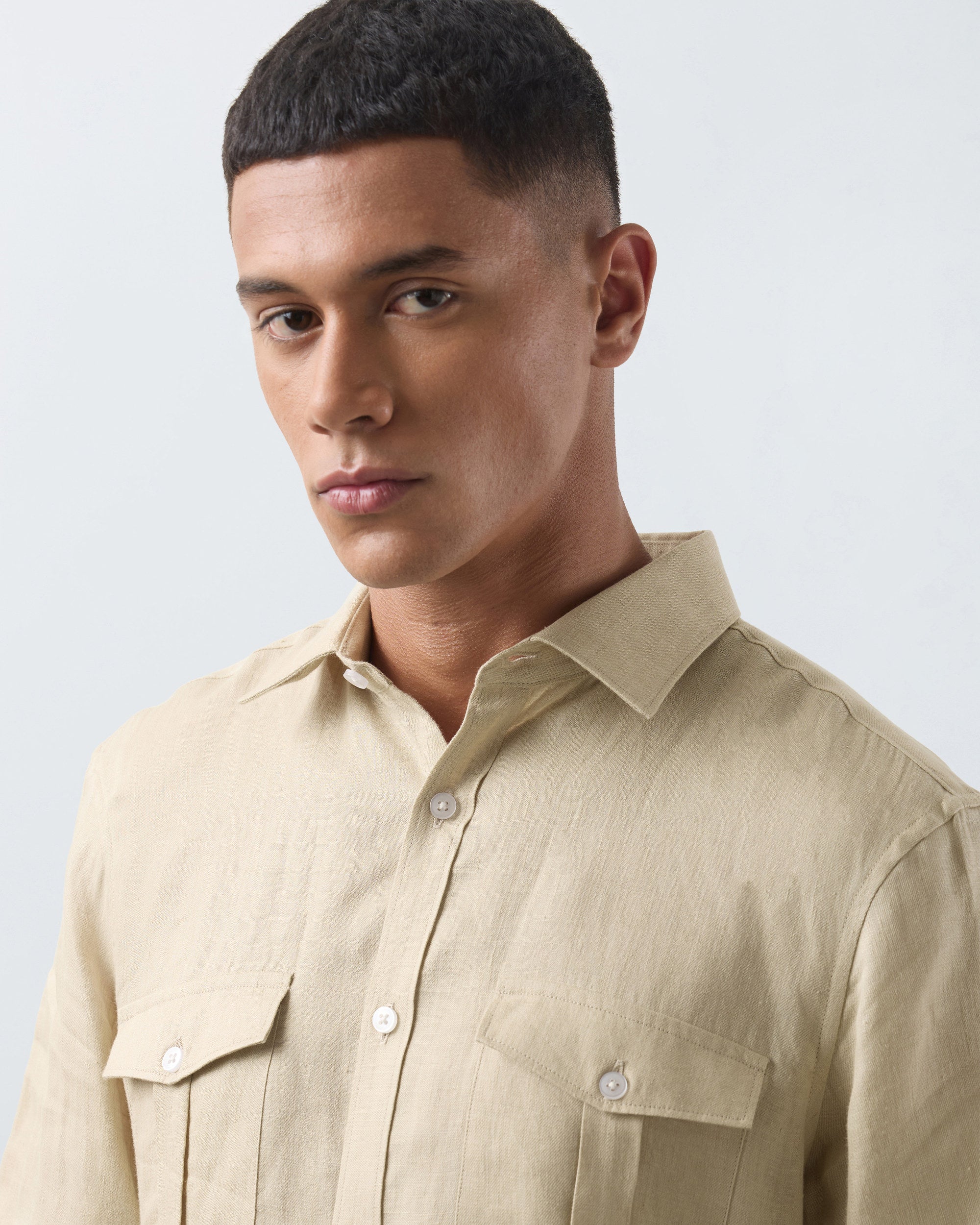 KANSO Tan Linen Shirt, short sleeve, collar detail #Sleeve_Short
