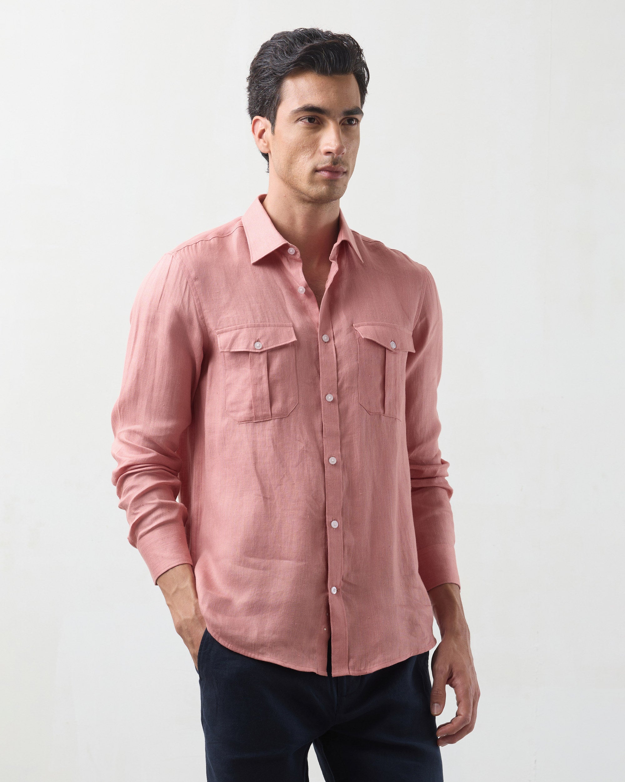 KANSO Terracotta Linen Shirt, long sleeve, three quarter view #Sleeve_Long