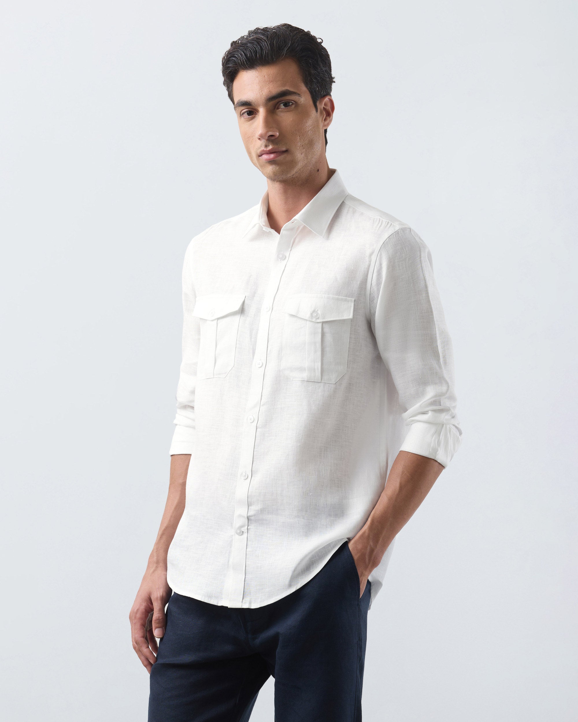KANSO White Linen Shirt, long sleeve, hand in pocket #Sleeve_Long