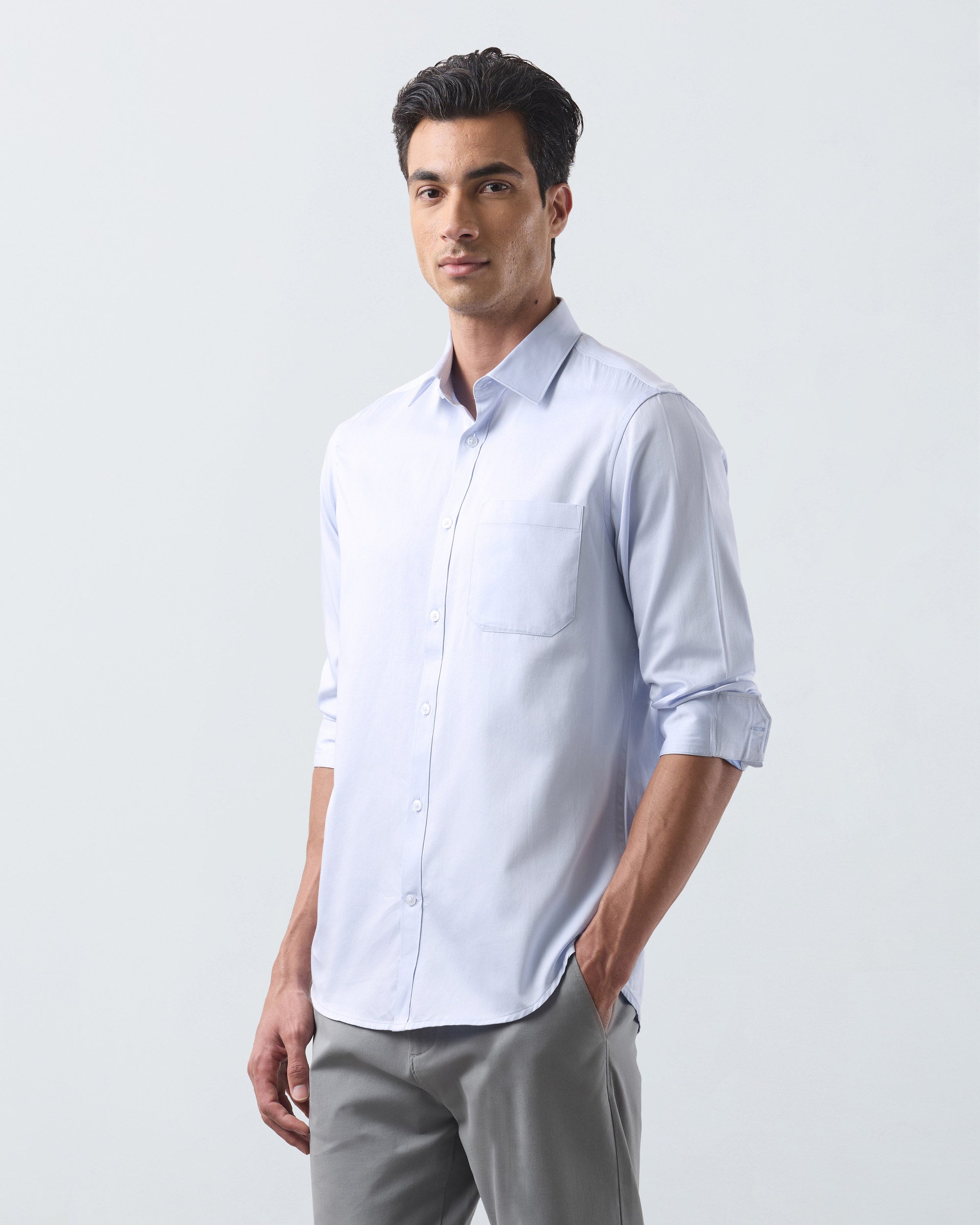 KANSO Blue Dress Shirt, hand in pocket
