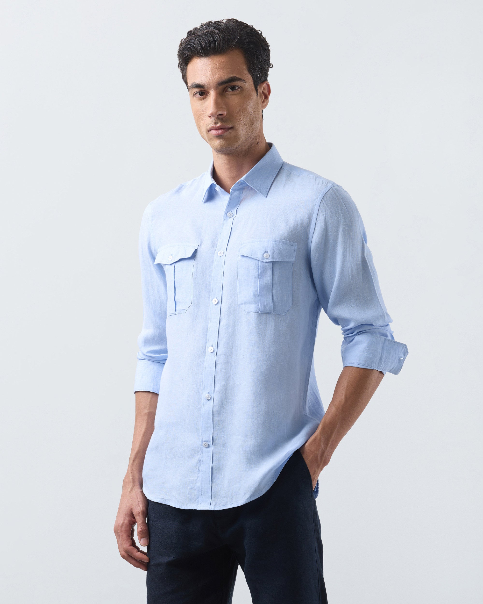 KANSO Blue Linen Shirt, long sleeve, hand in pocket #Sleeve_Long