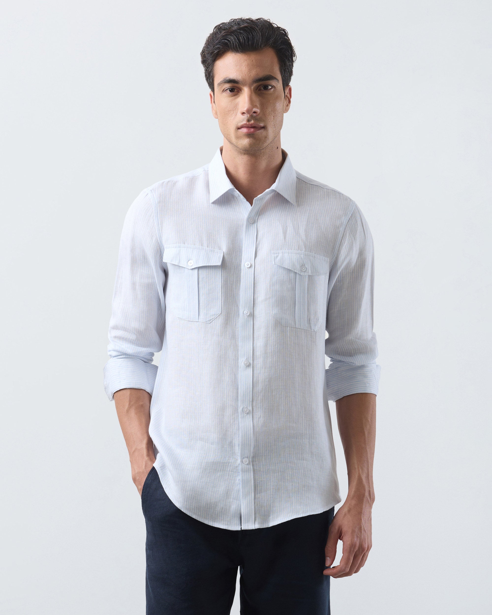 KANSO Blue Stripe Linen Shirt, long sleeve, front #Sleeve_Long