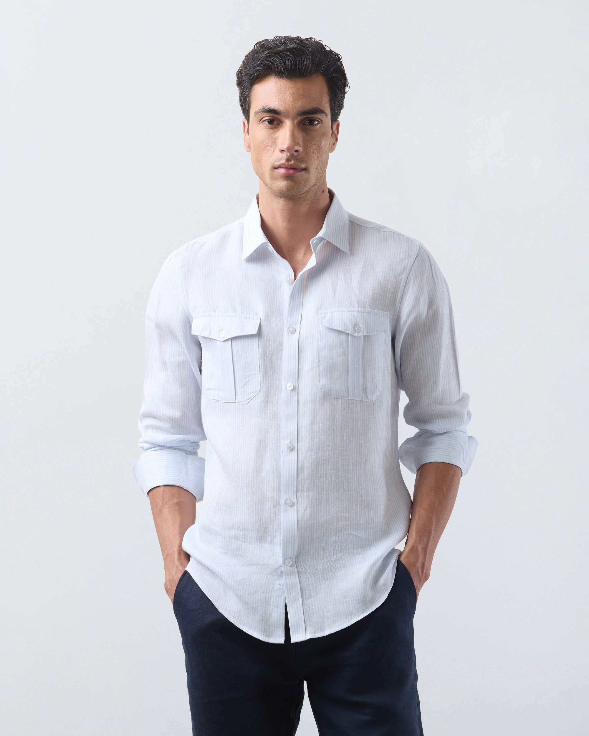 KANSO Blue Stripe Linen Shirt, long sleeve, three quarter view #Sleeve_Long