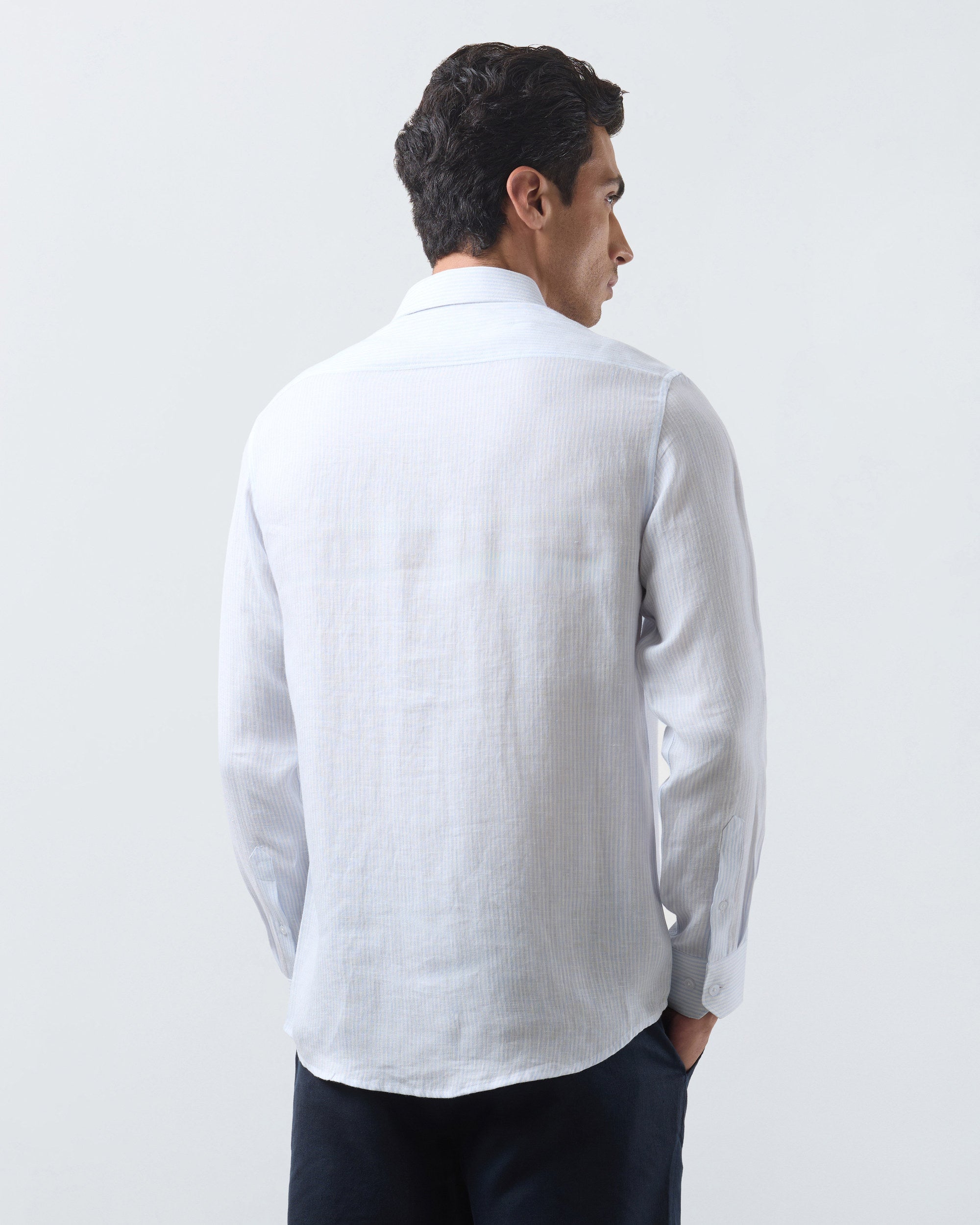 KANSO Blue Stripe Linen Shirt, long sleeve, back #Sleeve_Long