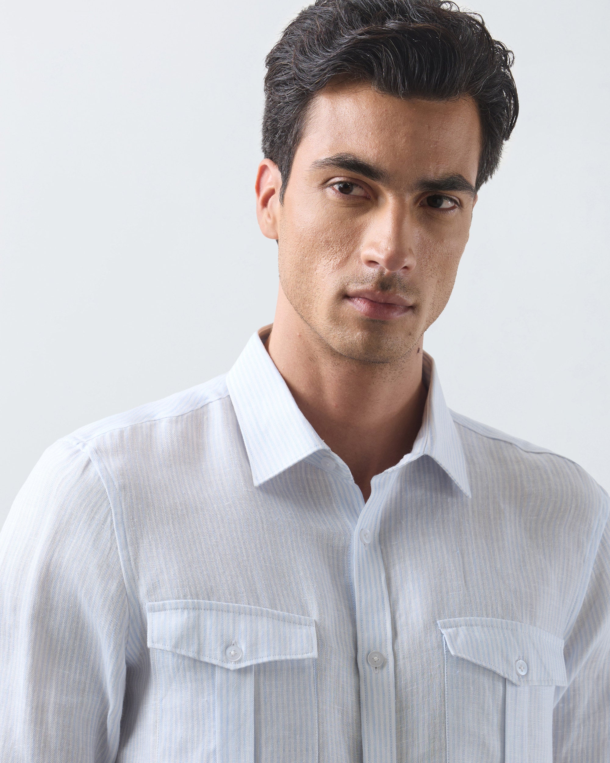 KANSO Blue Stripe Linen Shirt, long sleeve, collar detail #Sleeve_Long