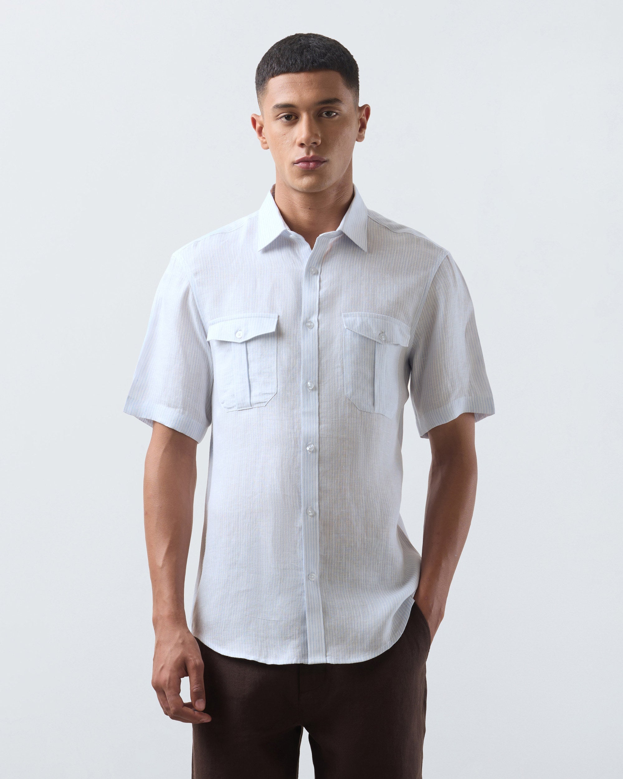 KANSO Blue Stripe Linen Shirt, short sleeve, front #Sleeve_Short