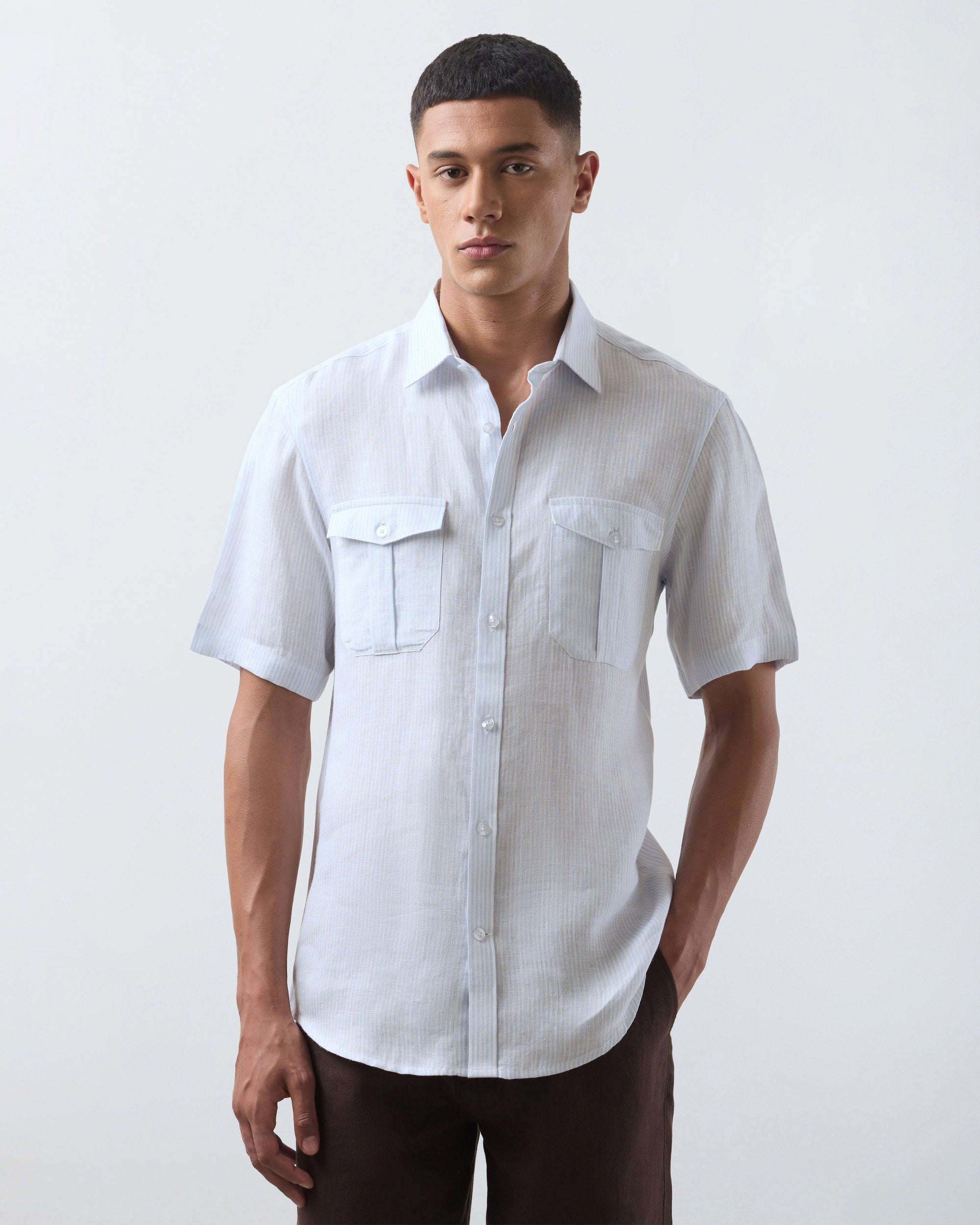 KANSO Blue Stripe Linen Shirt, short sleeve, three quarter view #Sleeve_Short