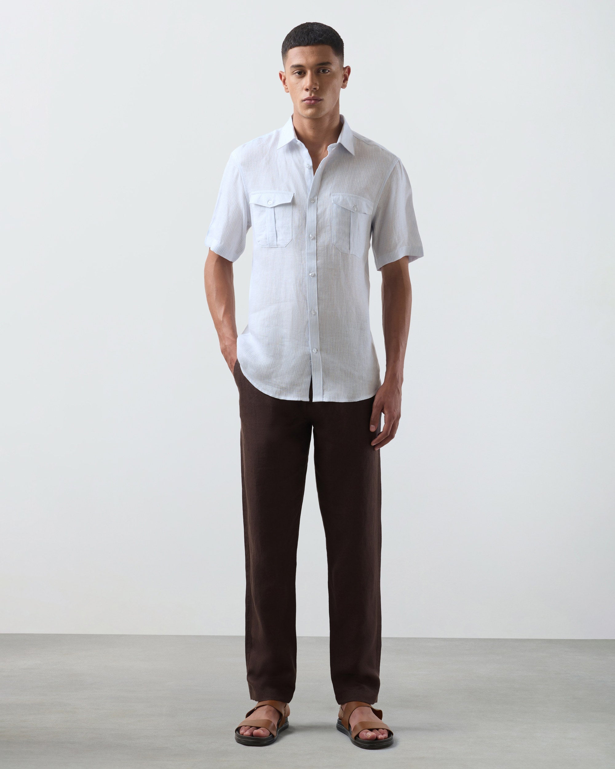 KANSO Blue Stripe Linen Shirt, short sleeve, full length #Sleeve_Short