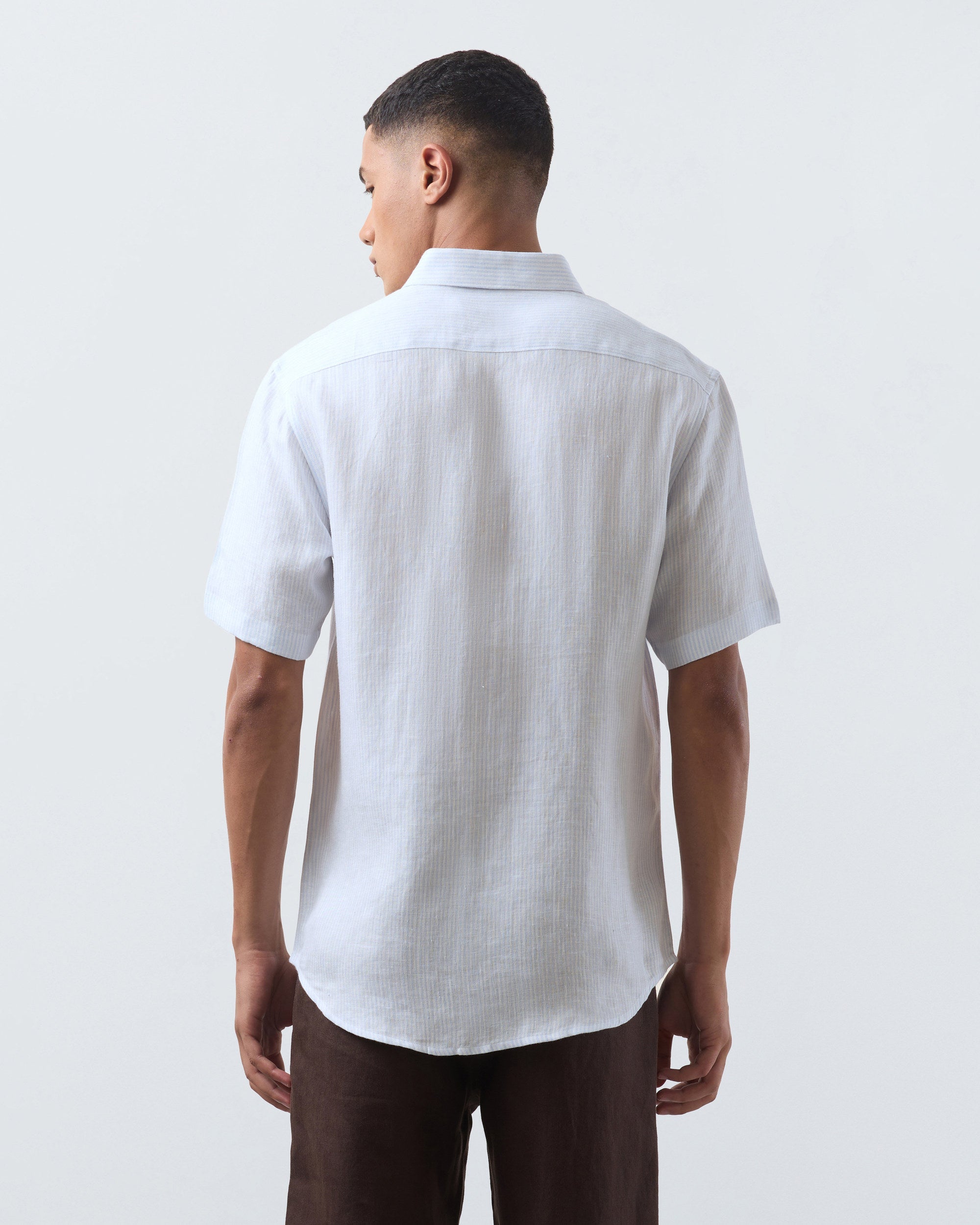 KANSO Blue Stripe Linen Shirt, short sleeve, back #Sleeve_Short