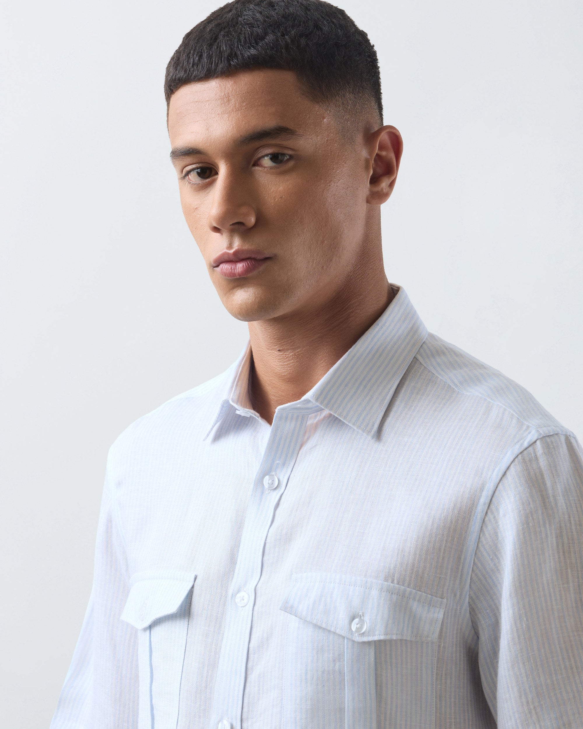 KANSO Blue Stripe Linen Shirt, short sleeve, collar detail #Sleeve_Short