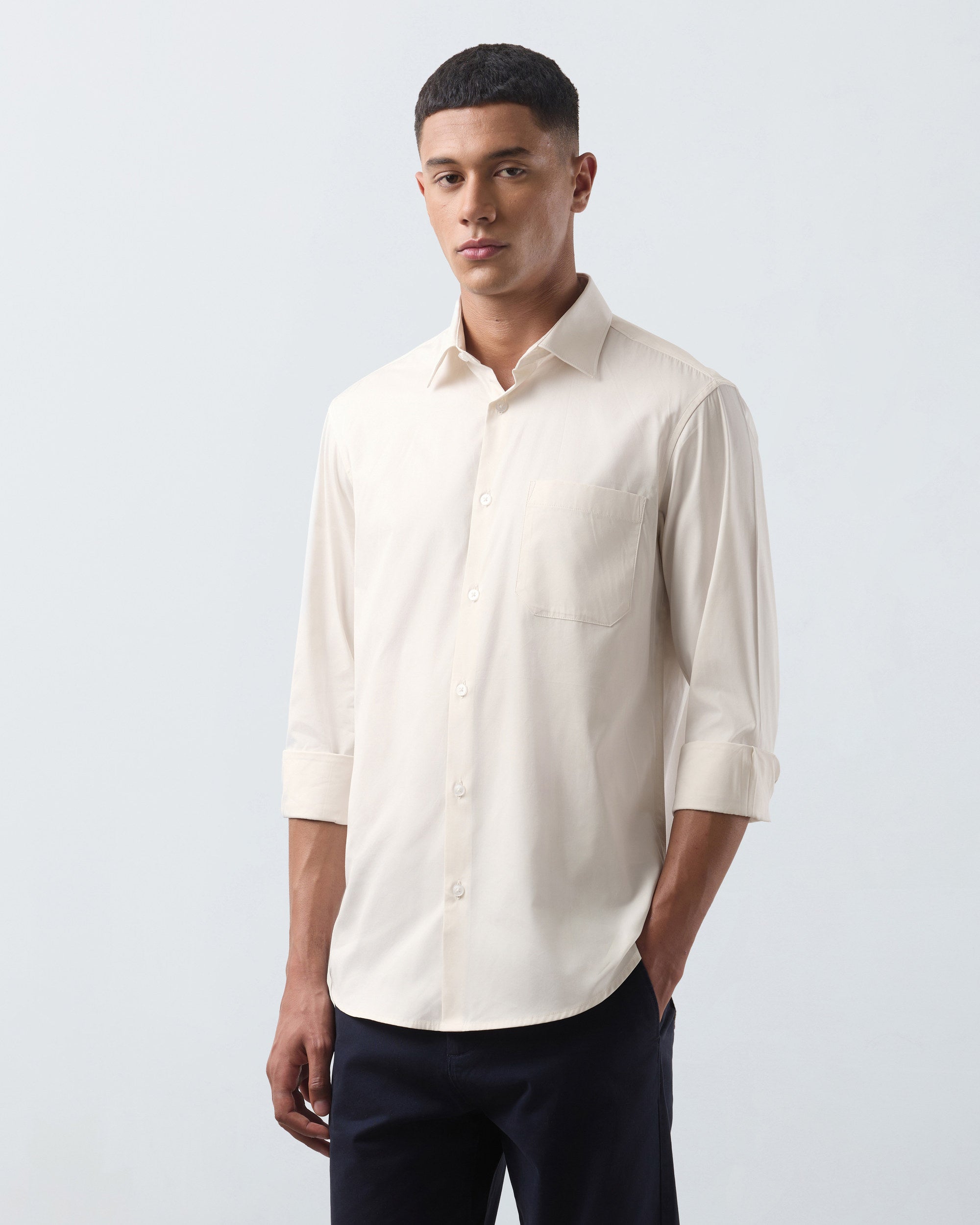 KANSO Cream Dress Shirt, hand in pocket