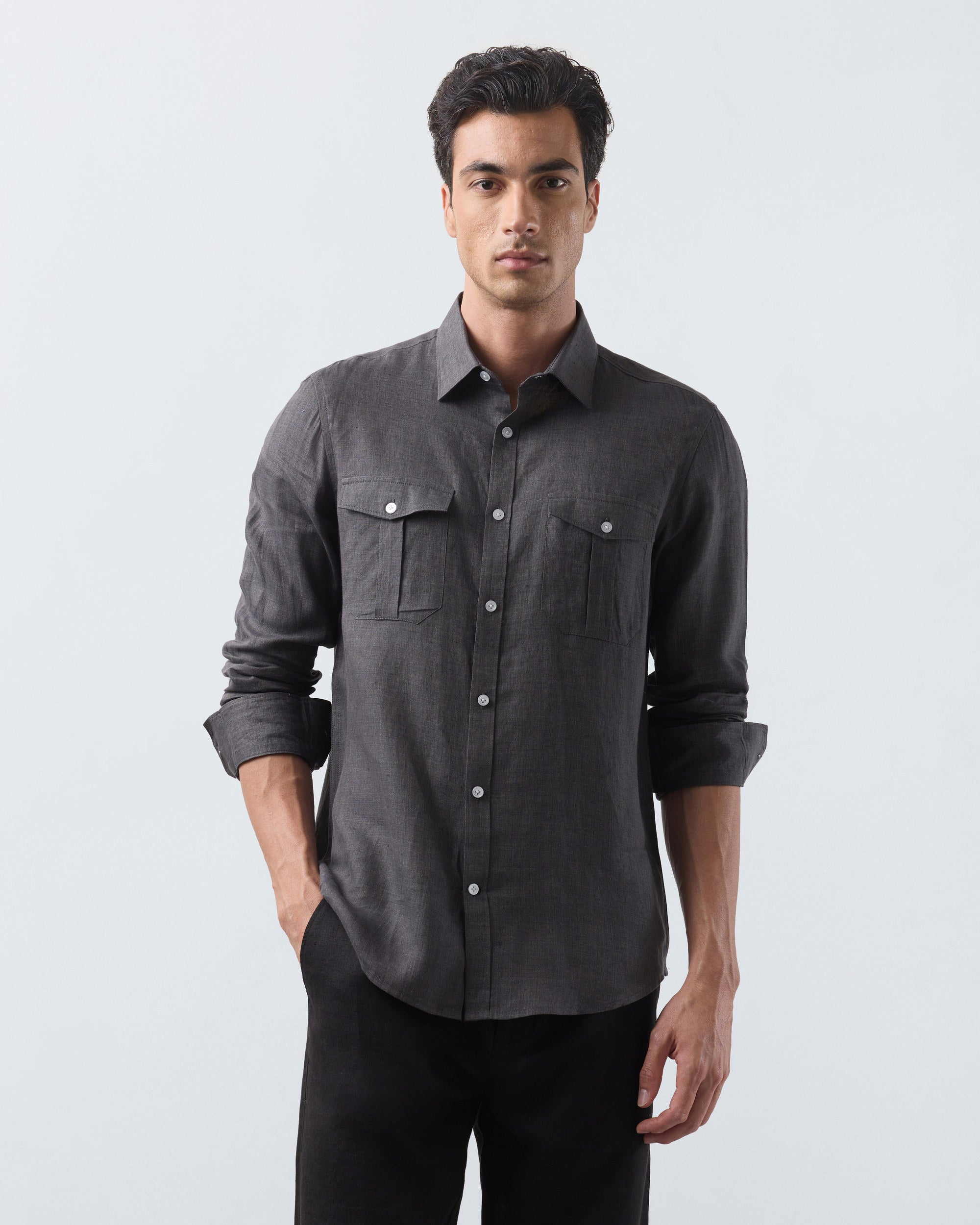 KANSO Dark Grey Linen Shirt, long sleeve, front #Sleeve_Long