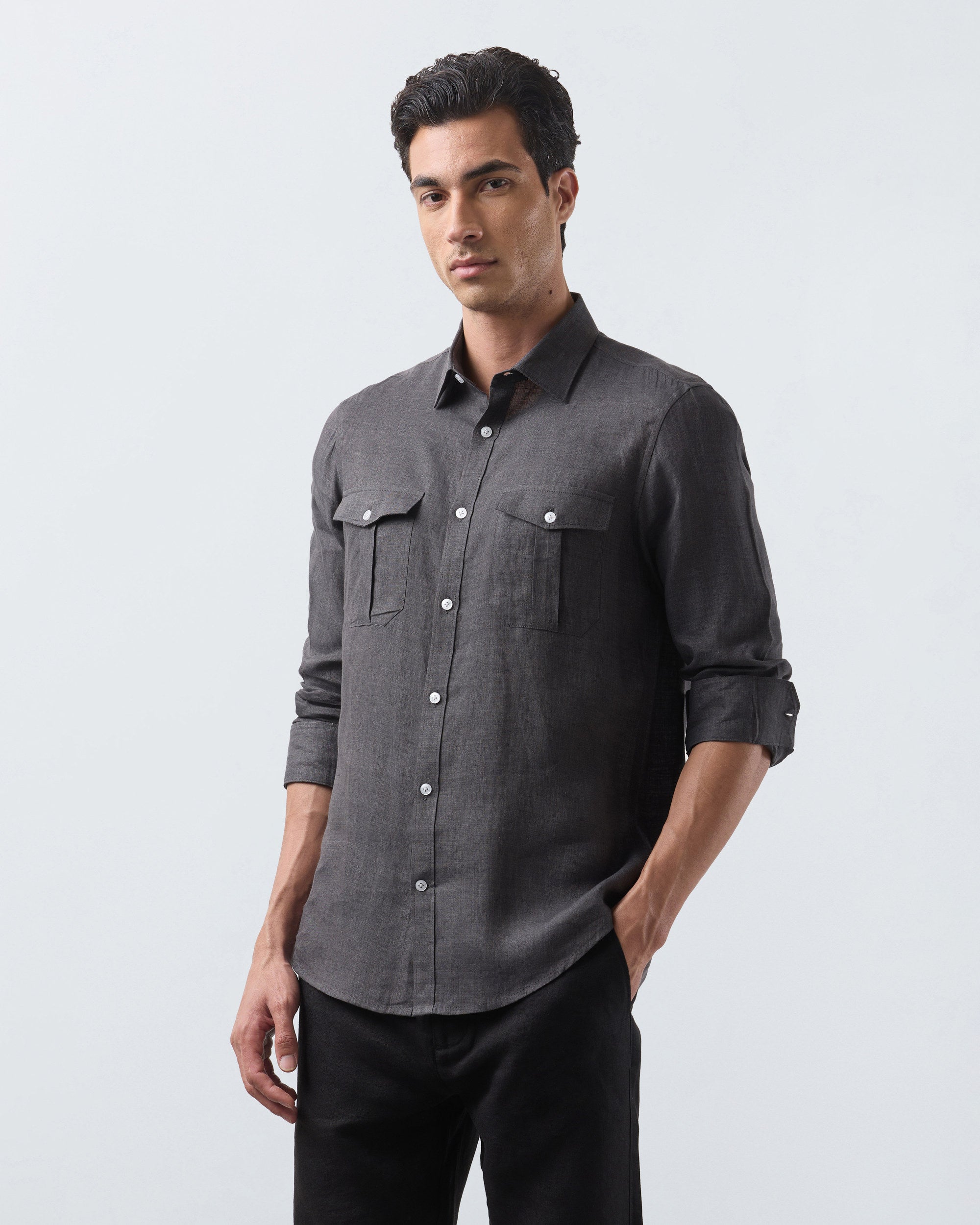 KANSO Dark Grey Linen Shirt, long sleeve, hand in pocket #Sleeve_Long
