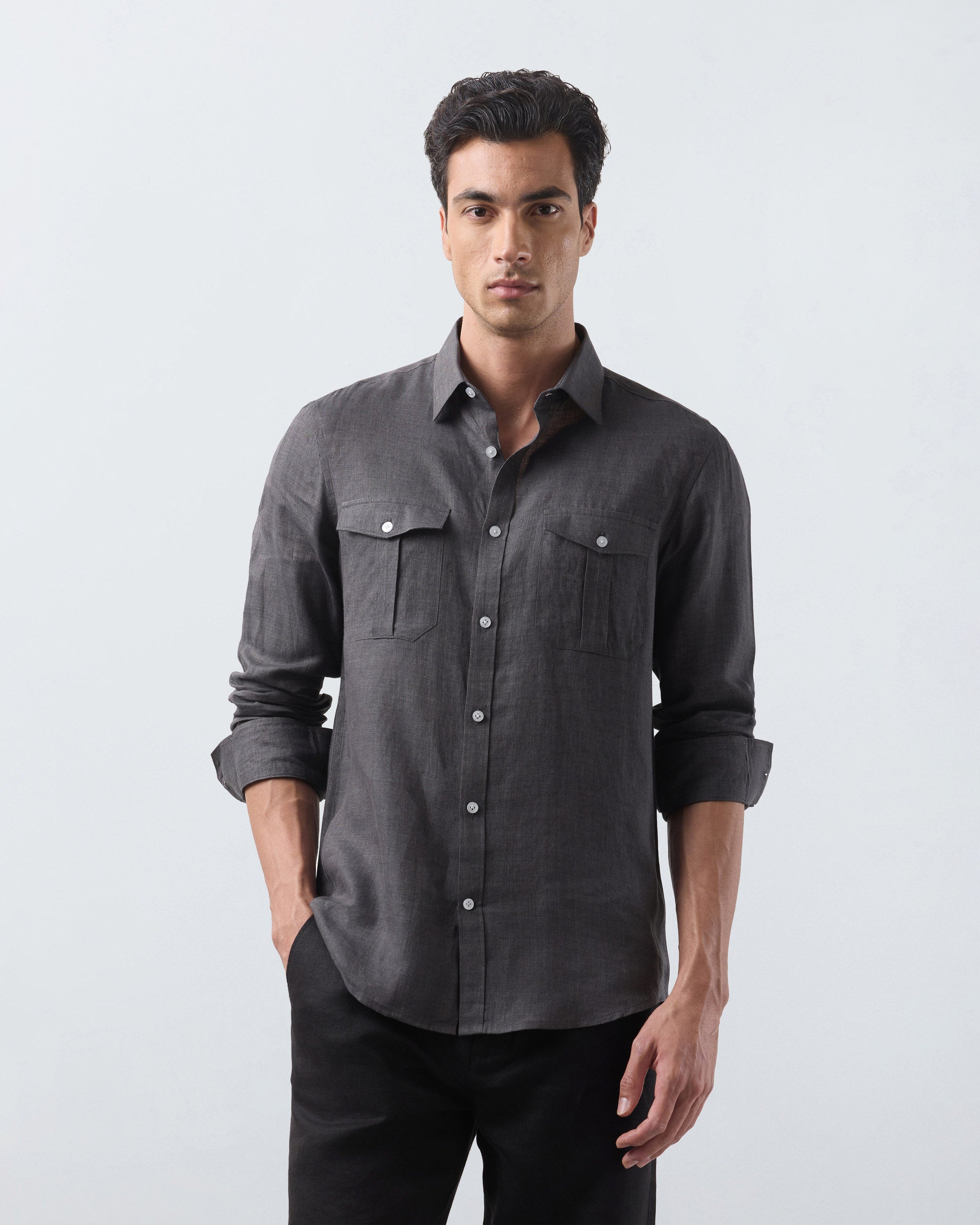 KANSO Dark Grey Linen Shirt, long sleeve, three quarter view #Sleeve_Long