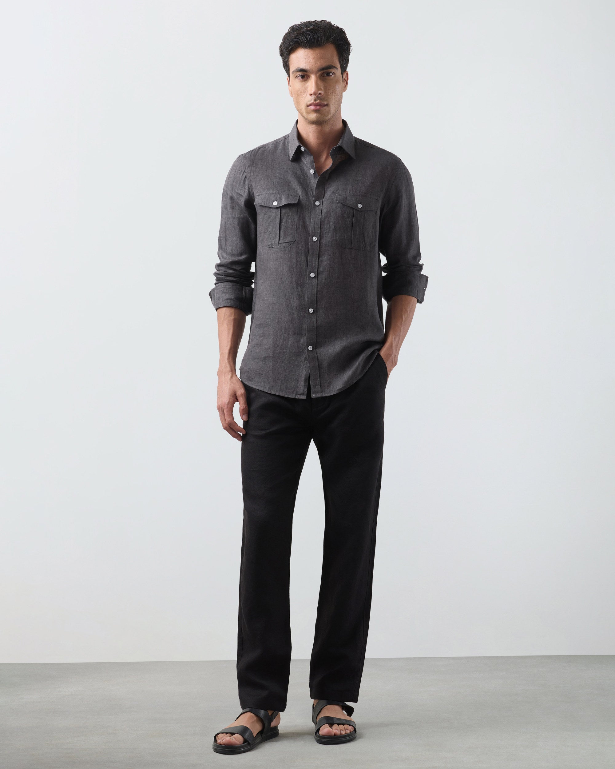 KANSO Dark Grey Linen Shirt, long sleeve, full length #Sleeve_Long