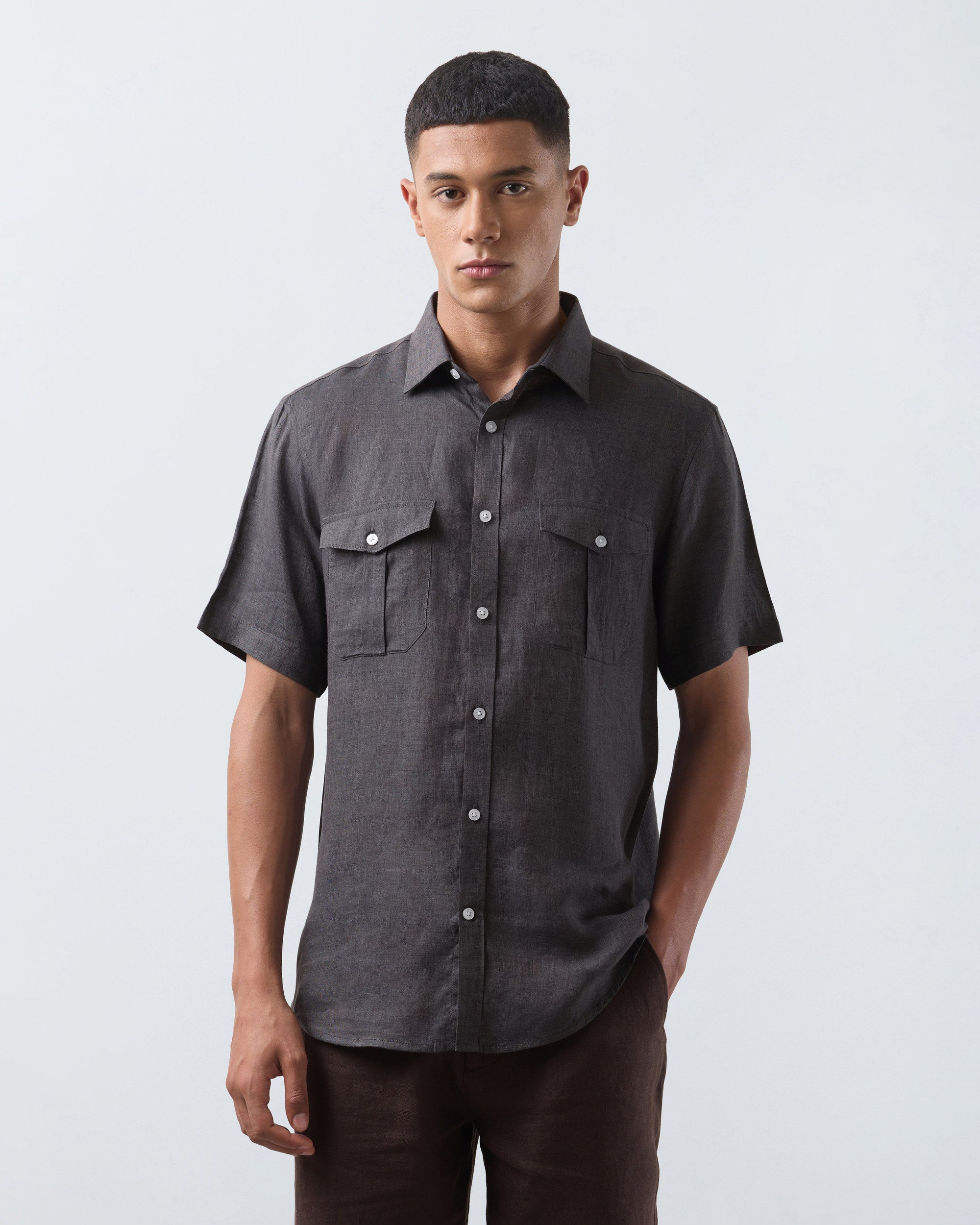 KANSO Dark Grey Linen Shirt, short sleeve, front #Sleeve_Short