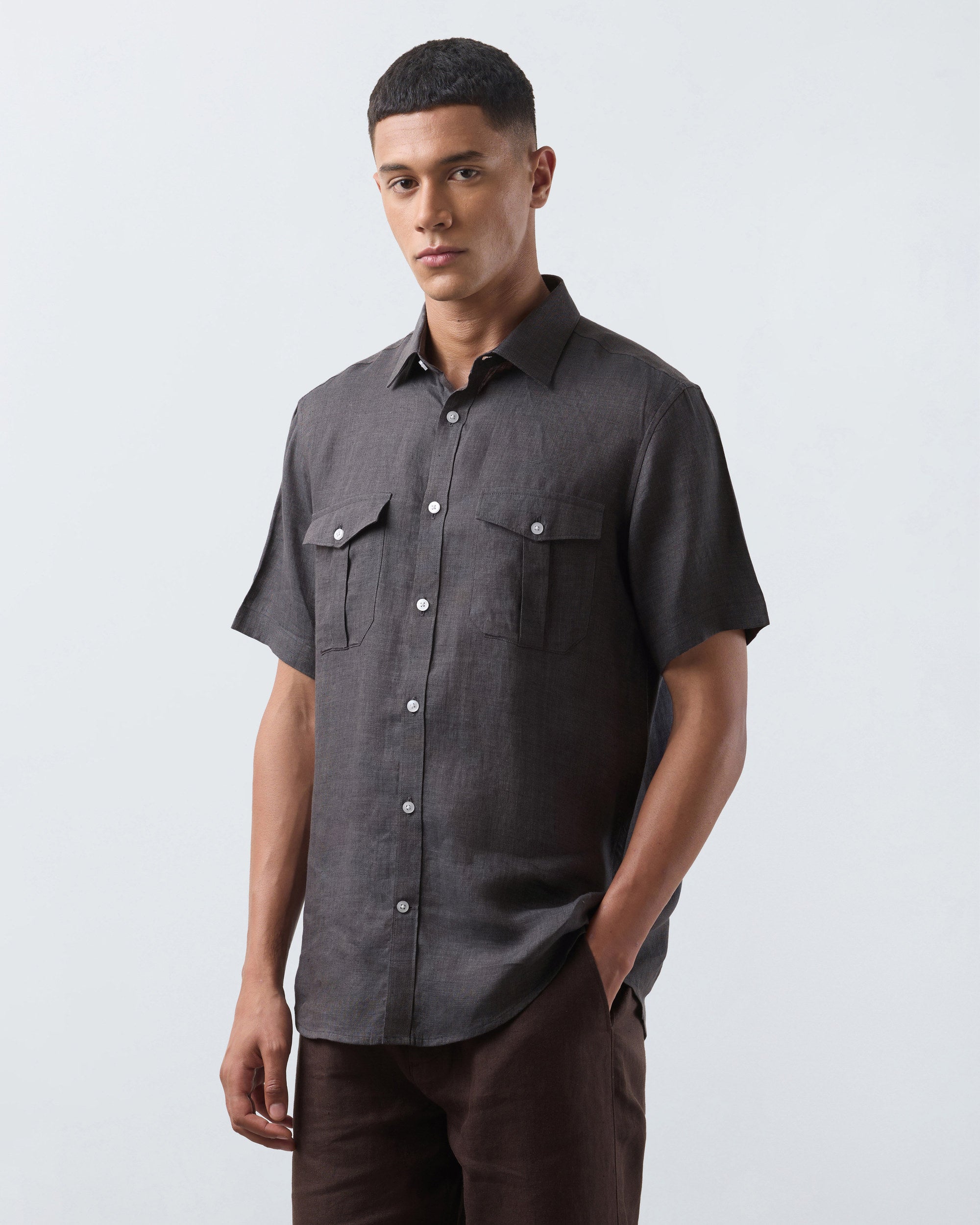 KANSO Dark Grey Linen Shirt, short sleeve, hand in pocket #Sleeve_Short
