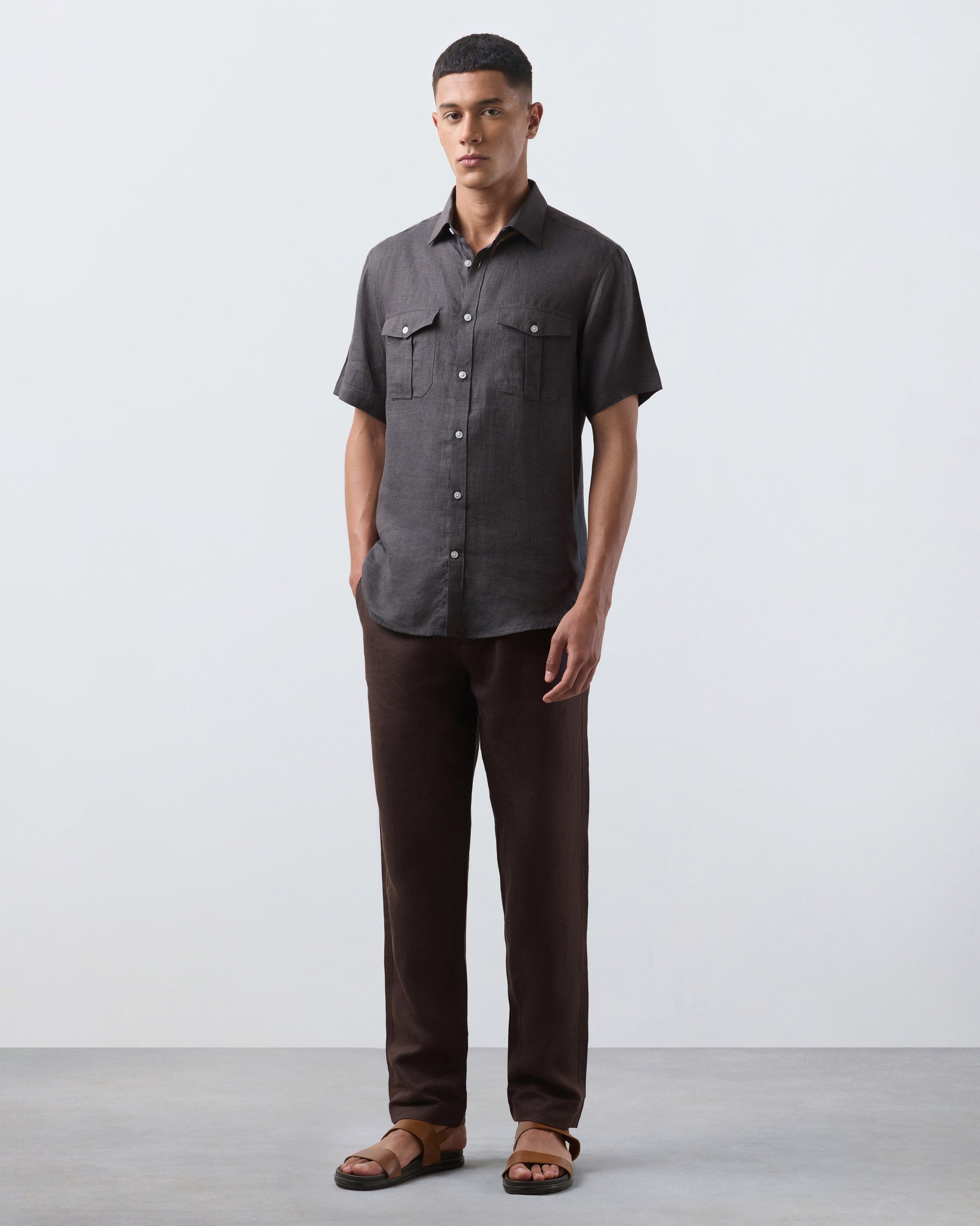 KANSO Dark Grey Linen Shirt, short sleeve, full length #Sleeve_Short